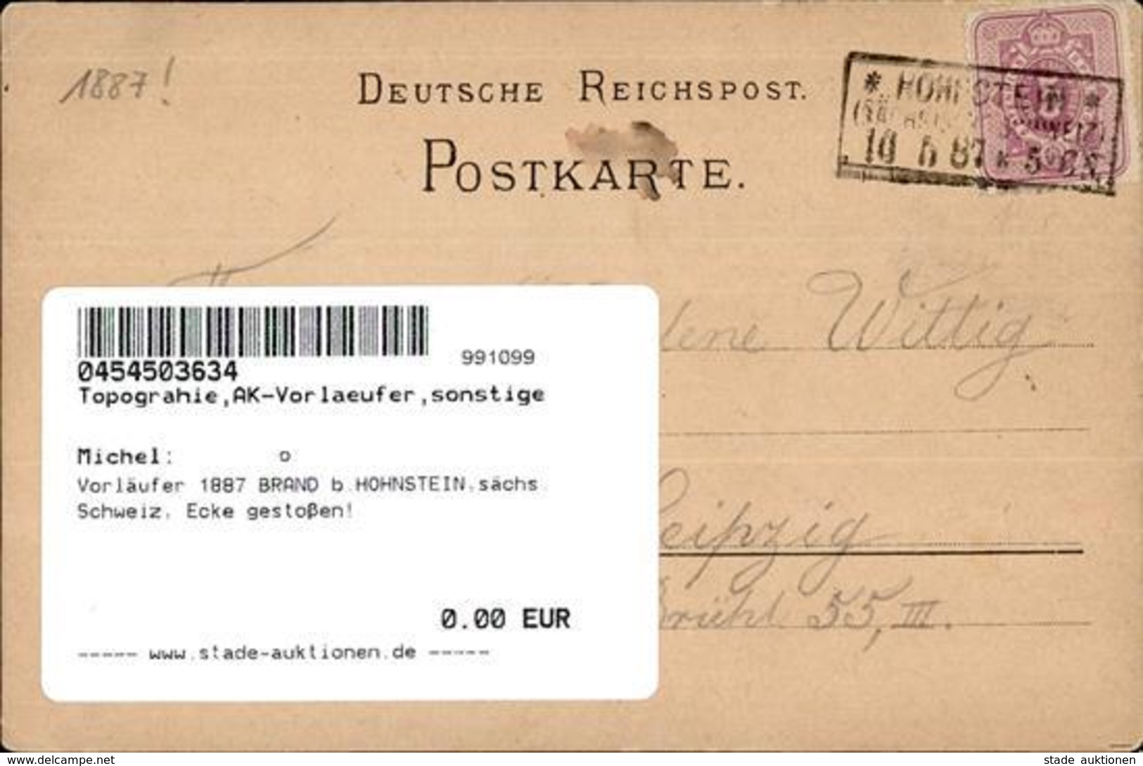 Vorläufer 1887 BRAND B.HOHNSTEIN,sächs. Schweiz, Ecke Gestoßen! - Ohne Zuordnung