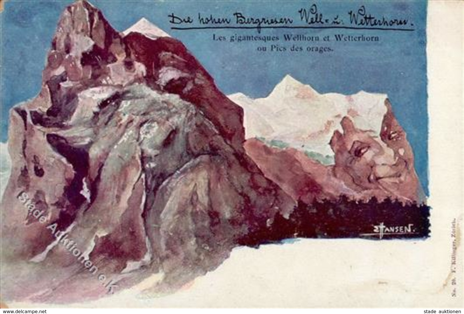 Berggesicht Sign. Hansen Die Hohen Bergriesen Well- U. Wetterhorn Künstlerkarte I-II (RS Abschürfung) - Märchen, Sagen & Legenden