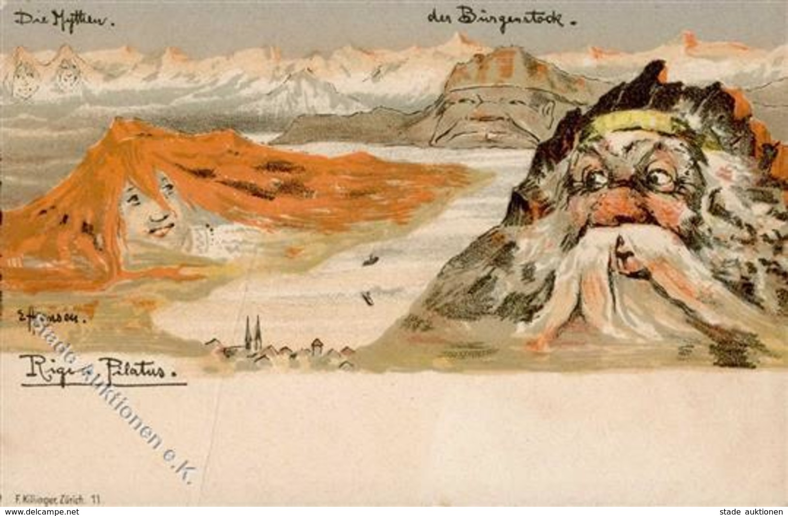 Berggesicht Sign. Hansen Die Mythen Der Bürgenstock Rigi U. Pilatus Künstlerkarte I-II - Contes, Fables & Légendes