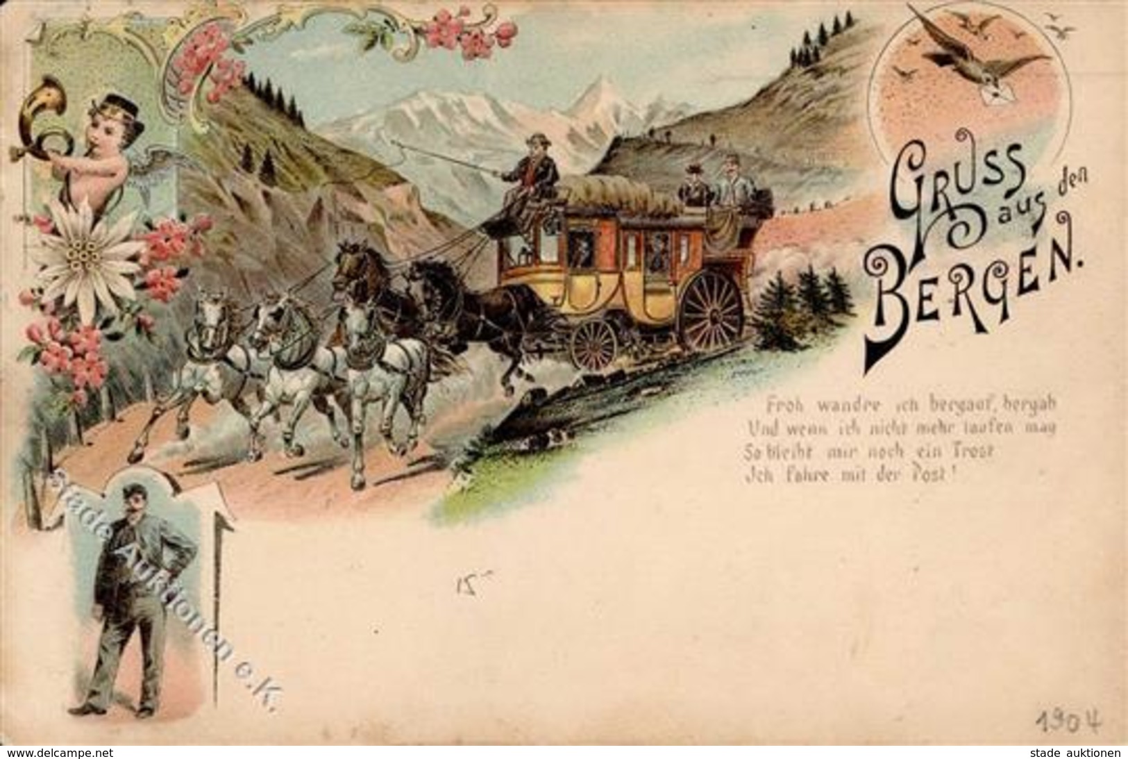 Gruss Aus Den Bergen Postkutsche Lithographie 1904 I-II Montagnes - Fairy Tales, Popular Stories & Legends