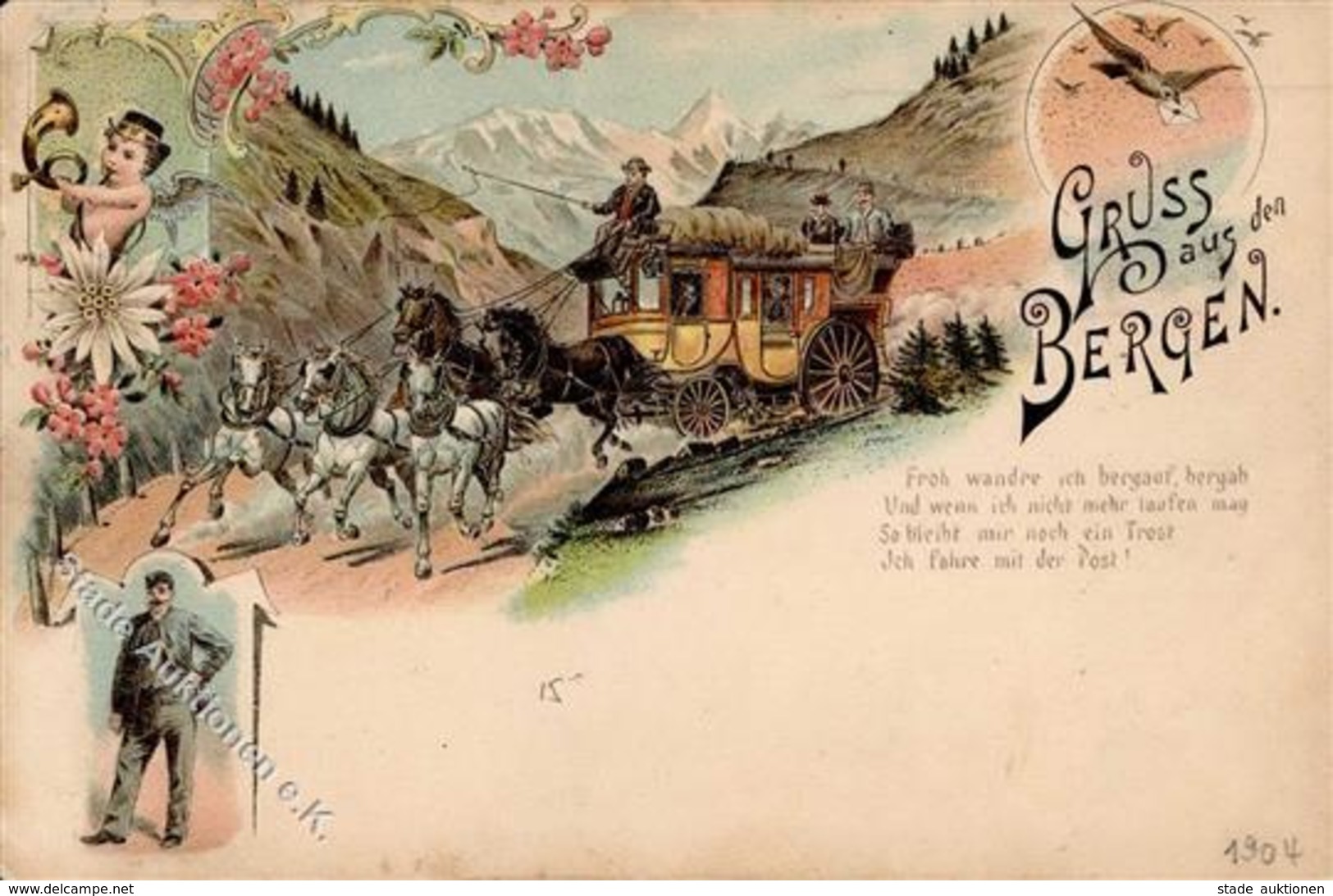 Gruss Aus Den Bergen Postkutsche Lithographie 1904 I-II Montagnes - Märchen, Sagen & Legenden