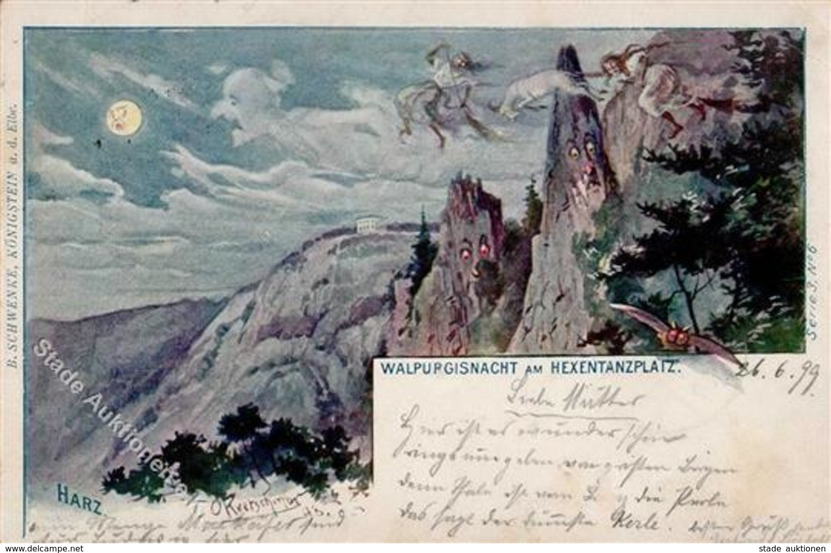 Berggesicht Eule Hexentanzplatz Walpurgisnacht Harz Sign. Kretschmar, O. Künstlerkarte 1899 I-II (Stauchung) - Märchen, Sagen & Legenden