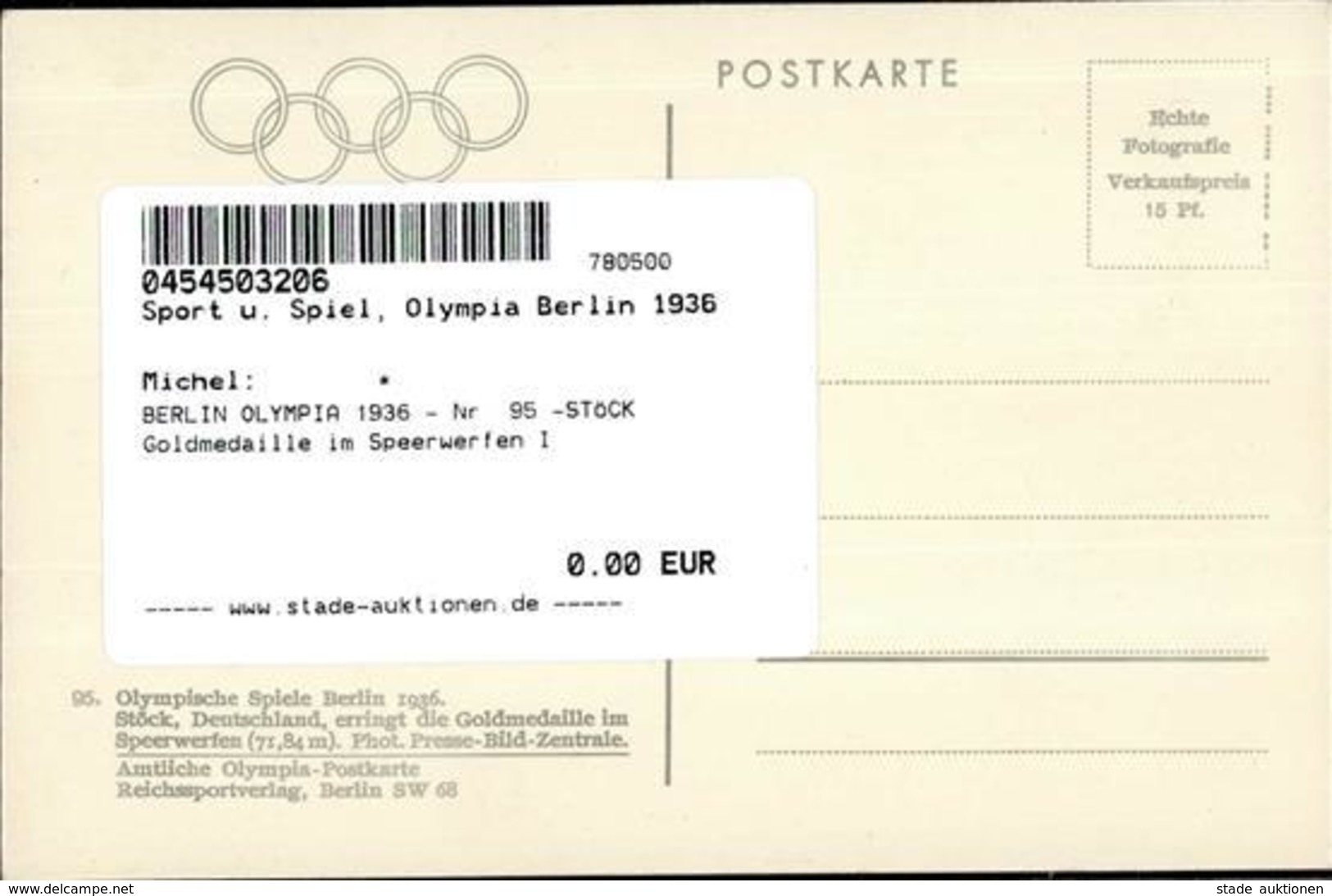 BERLIN OLYMPIA 1936 - Nr. 95 -STÖCK Goldmedaille Im Speerwerfen I - Olympic Games