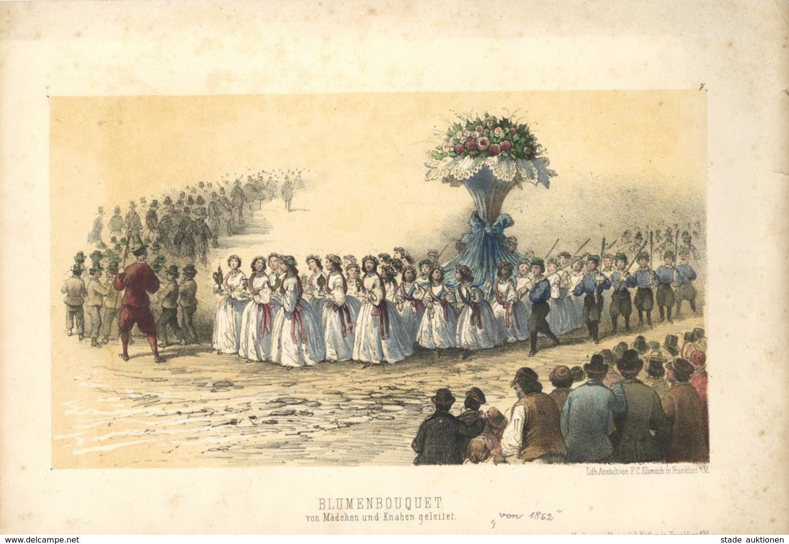 Schützenfest Frankfurt (6000) Blumenbouquet Von Mädchen Und Knaben Geleitet Ca. 1862 Litho 35 X 23,5 Cm Verlag Heinrich  - Waffenschiessen