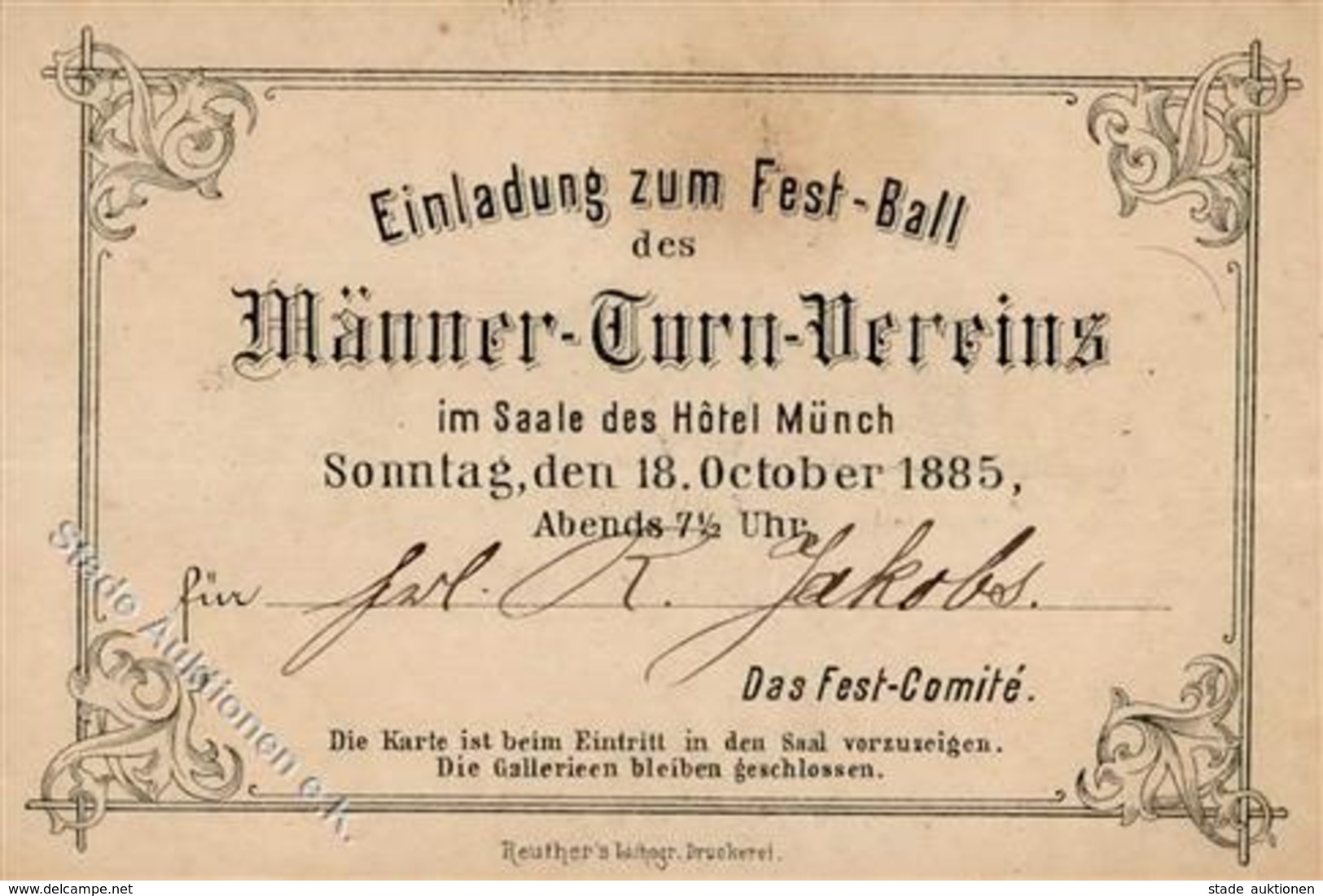 Turnen Einladung Zum Fest-Ball Des Männer Turn Vereins Hotel Münch 1885 II (fleckig, Bug) - Athlétisme