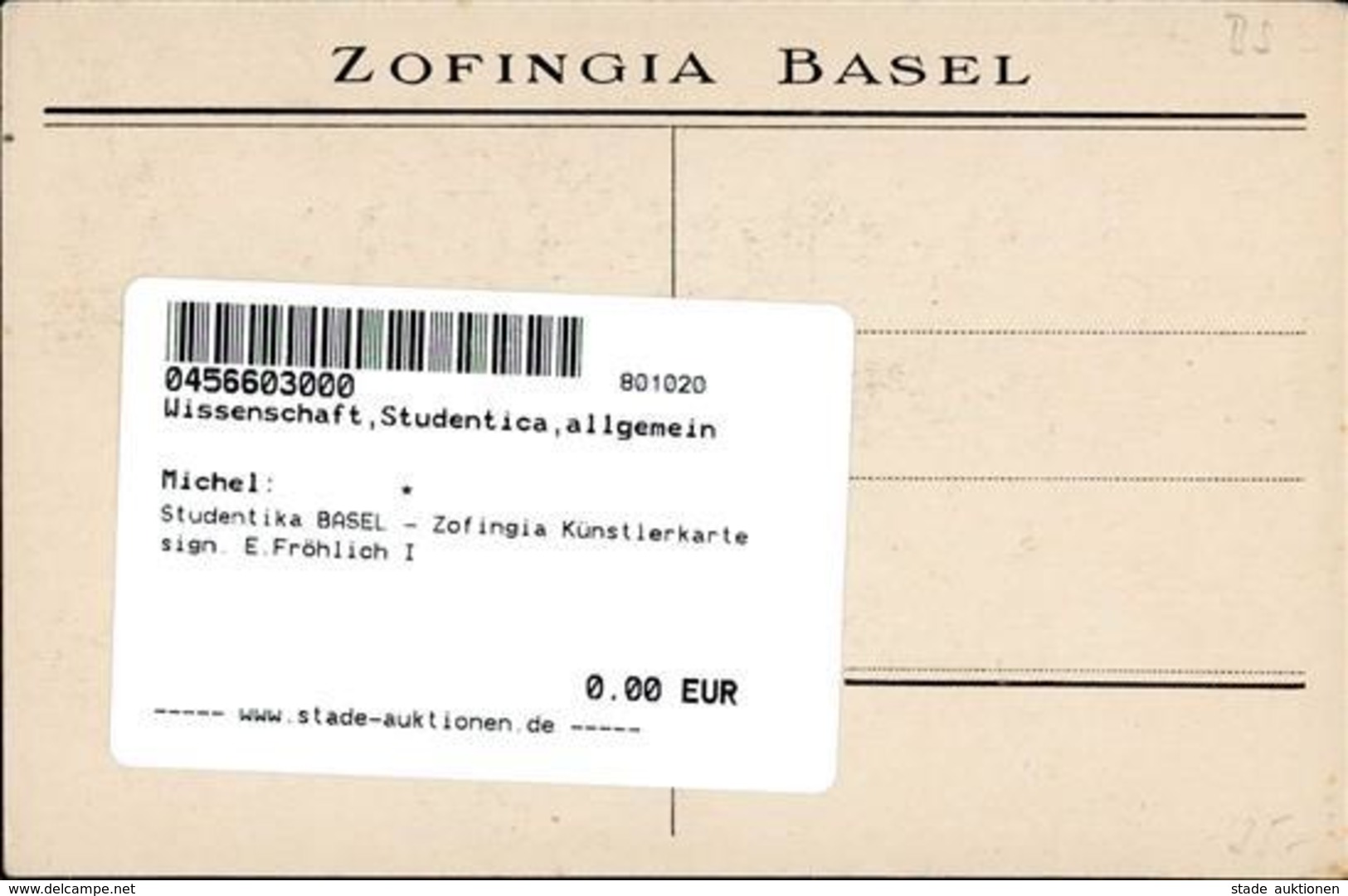 Studentika BASEL - Zofingia Künstlerkarte Sign. E.Fröhlich I - Ohne Zuordnung