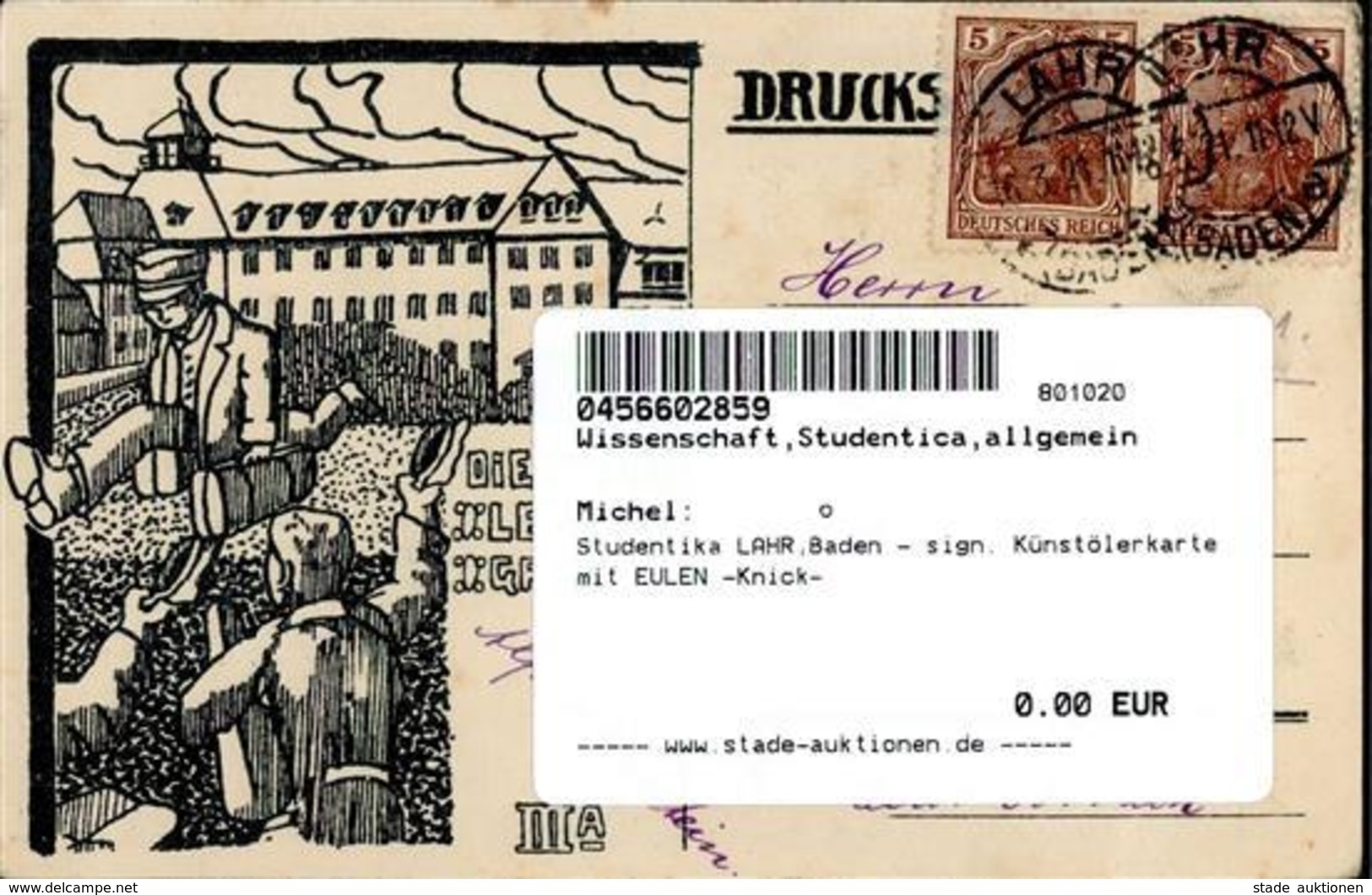 Studentika LAHR,Baden - Sign. Künstölerkarte Mit EULEN -Knick- - Sin Clasificación