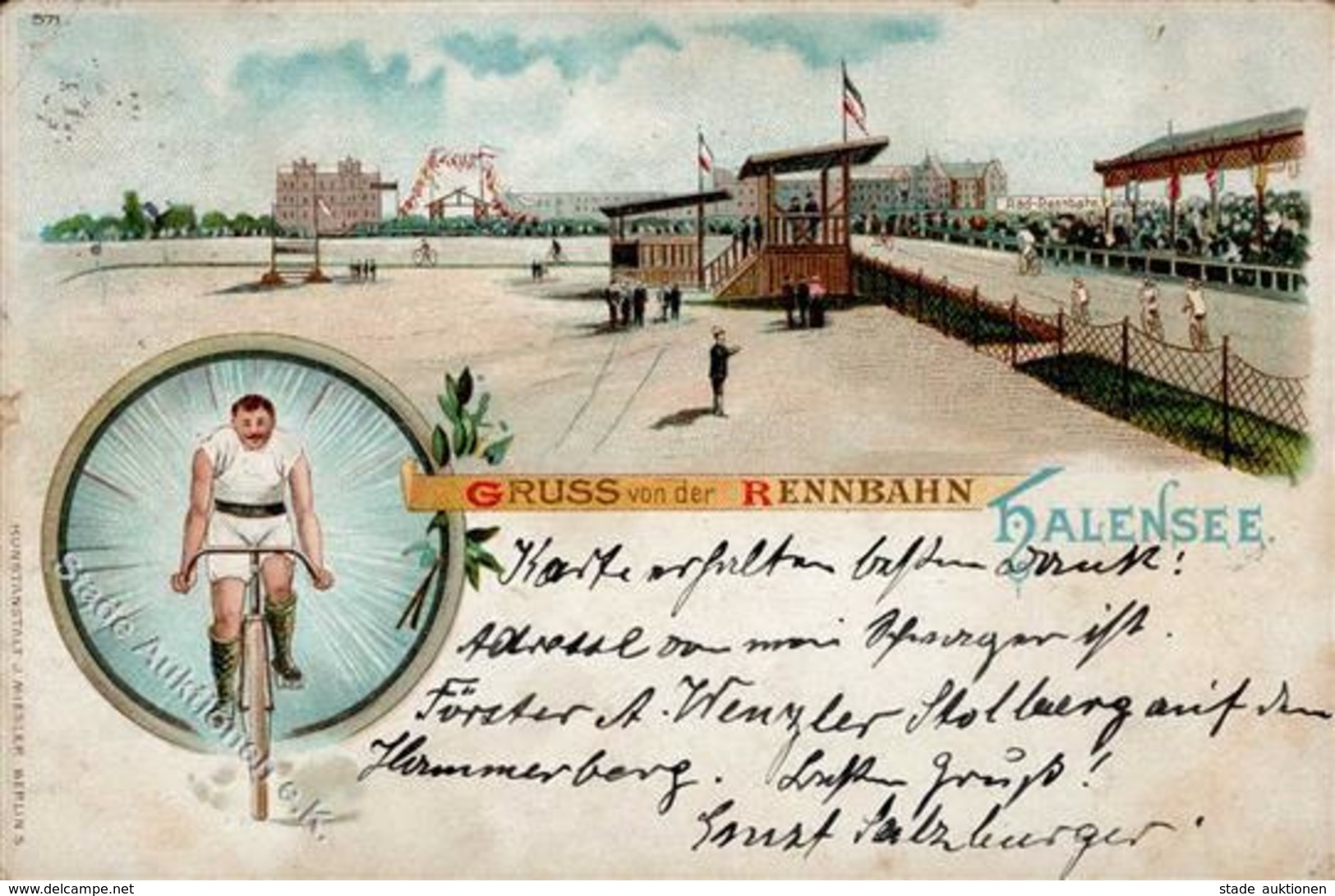 Halensee (1000) Fahrrad Rennbahn Lithographie 1901 II- (Stauchung, Kleiner Riss) Cycles - War 1914-18