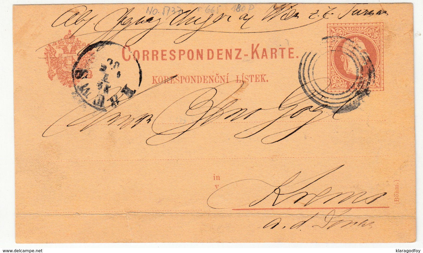 Austria Czech Postal Stationery Postcard Correspondenz-Karte Travelled 1880 Stumme Stempel B180508 - Sonstige & Ohne Zuordnung