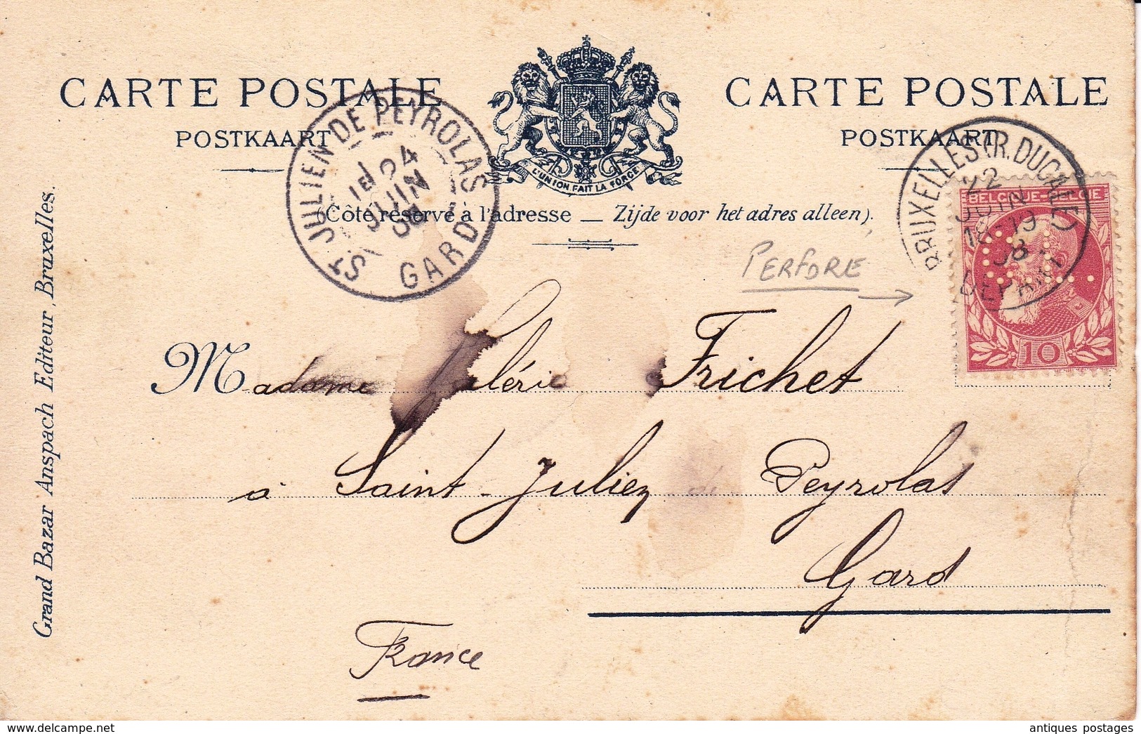 Carte Postale Bruxelles 1908 Belgique Léopold II Perforé Saint Julien De Peyrolas Gard Lion De Waterloo - 1863-09