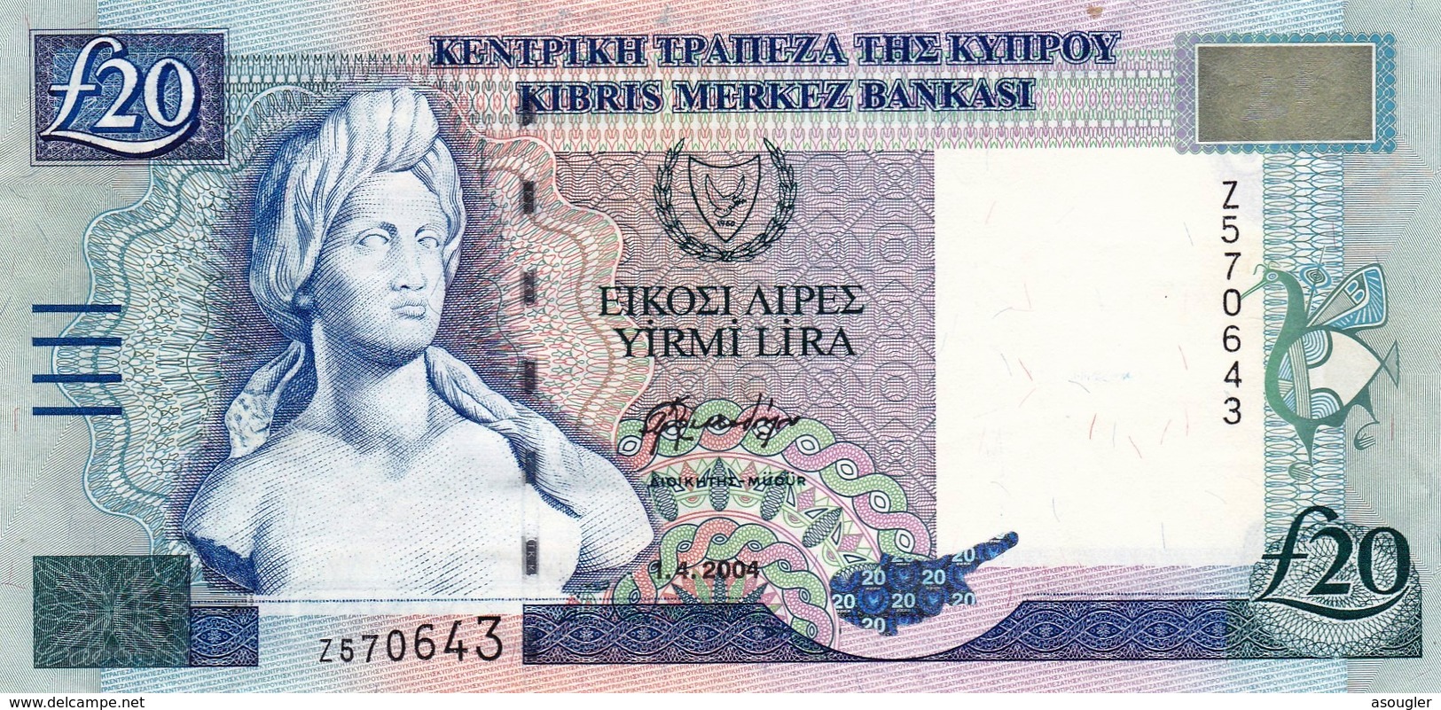 CYPRUS 20 POUNDS 2004 EXF-AU P-63c REPLACEMENT PREFIX "Z" "free Shipping Via Registered Air Mail" - Chipre