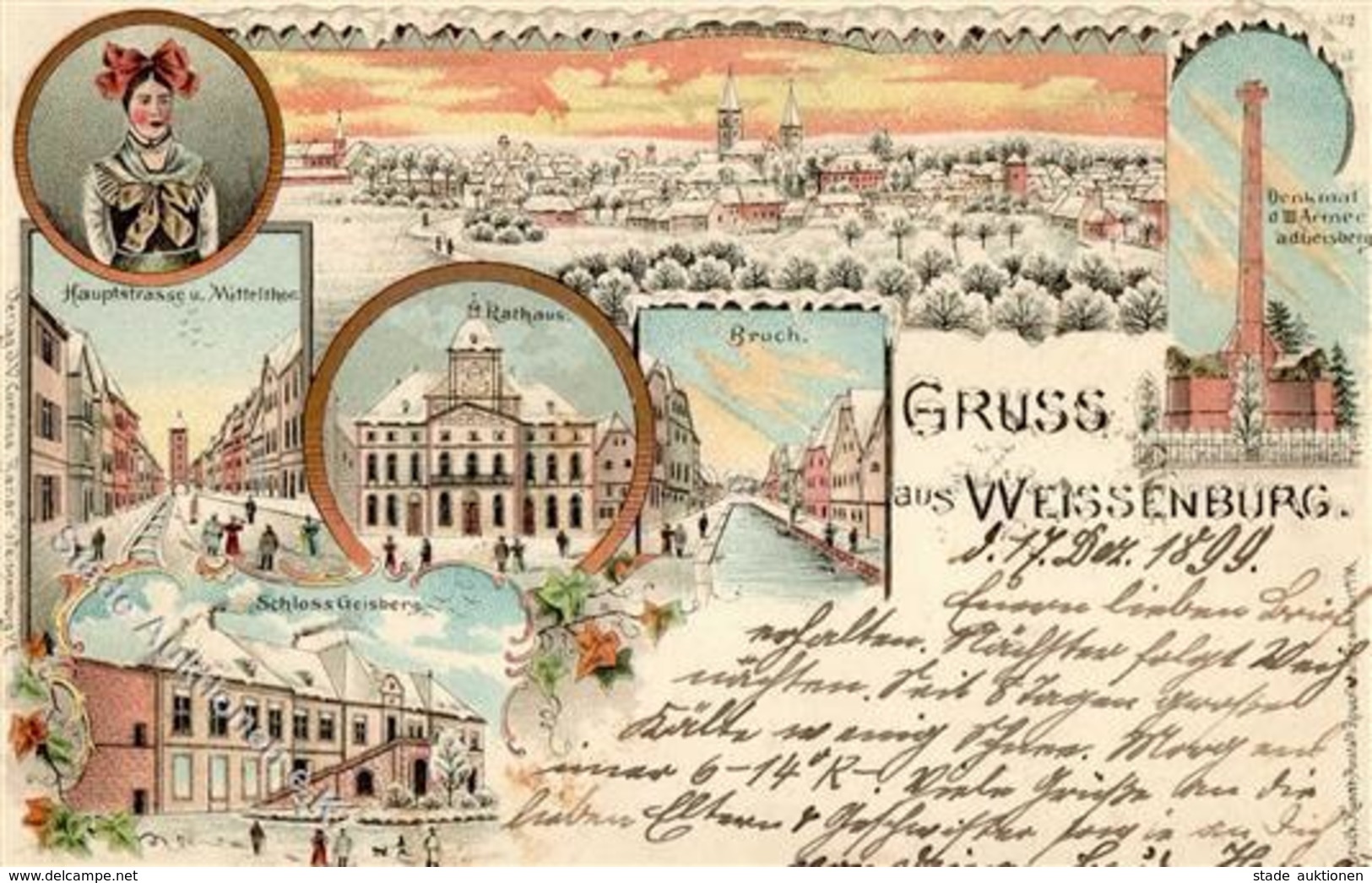 Wissembourg (67160) Frankreich Hauptstrasse Rathaus Schloss Geisberg Denkmal Winterlithographie 1899 I-II - Oorlog 1914-18