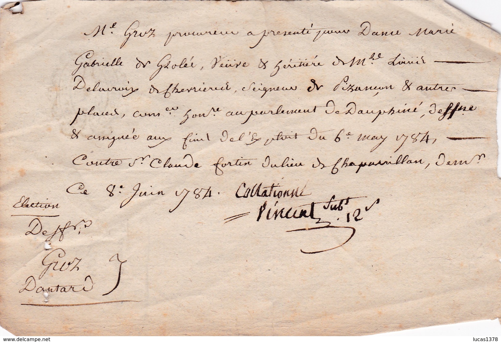 DEPOT DE PLAINTE PAR PROCUREUR AU PARLEMENT DU DAUPHINE / 8 JUIN 1784 / AU DOS CACHET PARLEMENT GRENOBLE - Documents Historiques