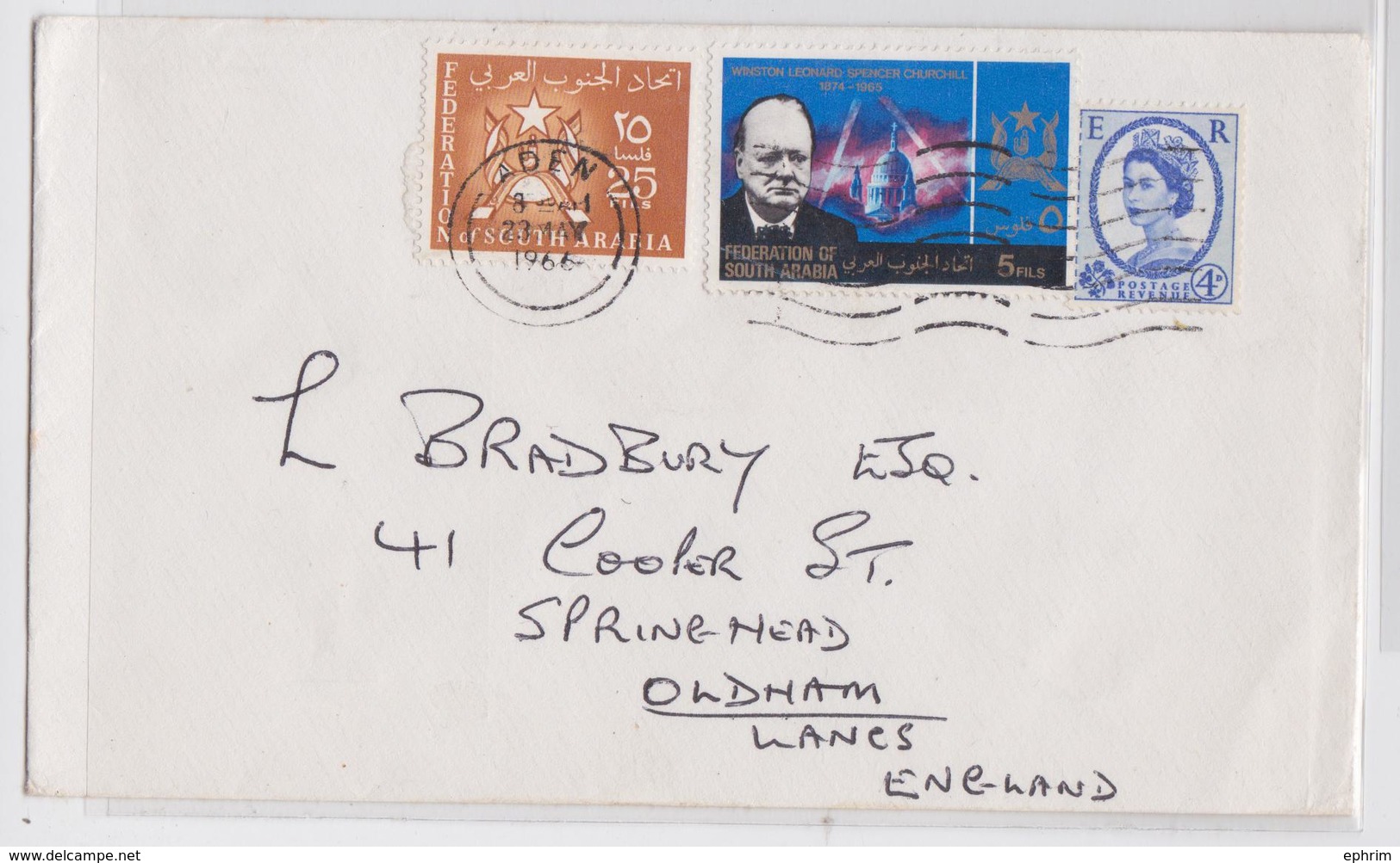 Federation Of South Arabia Aden Air Mail Cover To Oldham Lancs Cancellation 1966 Churchill Stamp Enveloppe Timbre - Sir Winston Churchill