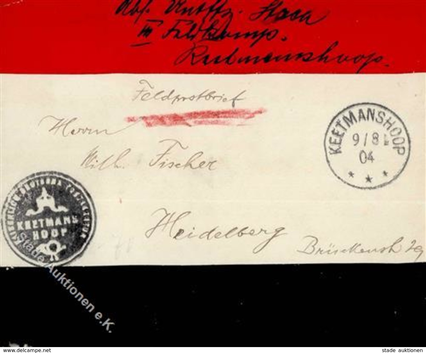 Kolonien Deutsch-Südwestafrika Feldpost-Brief, K1 KEETMANSHOOP 9/8 04", Brief Mit Rotem Und Schwarzem Streifen, Sowie Fe - Histoire