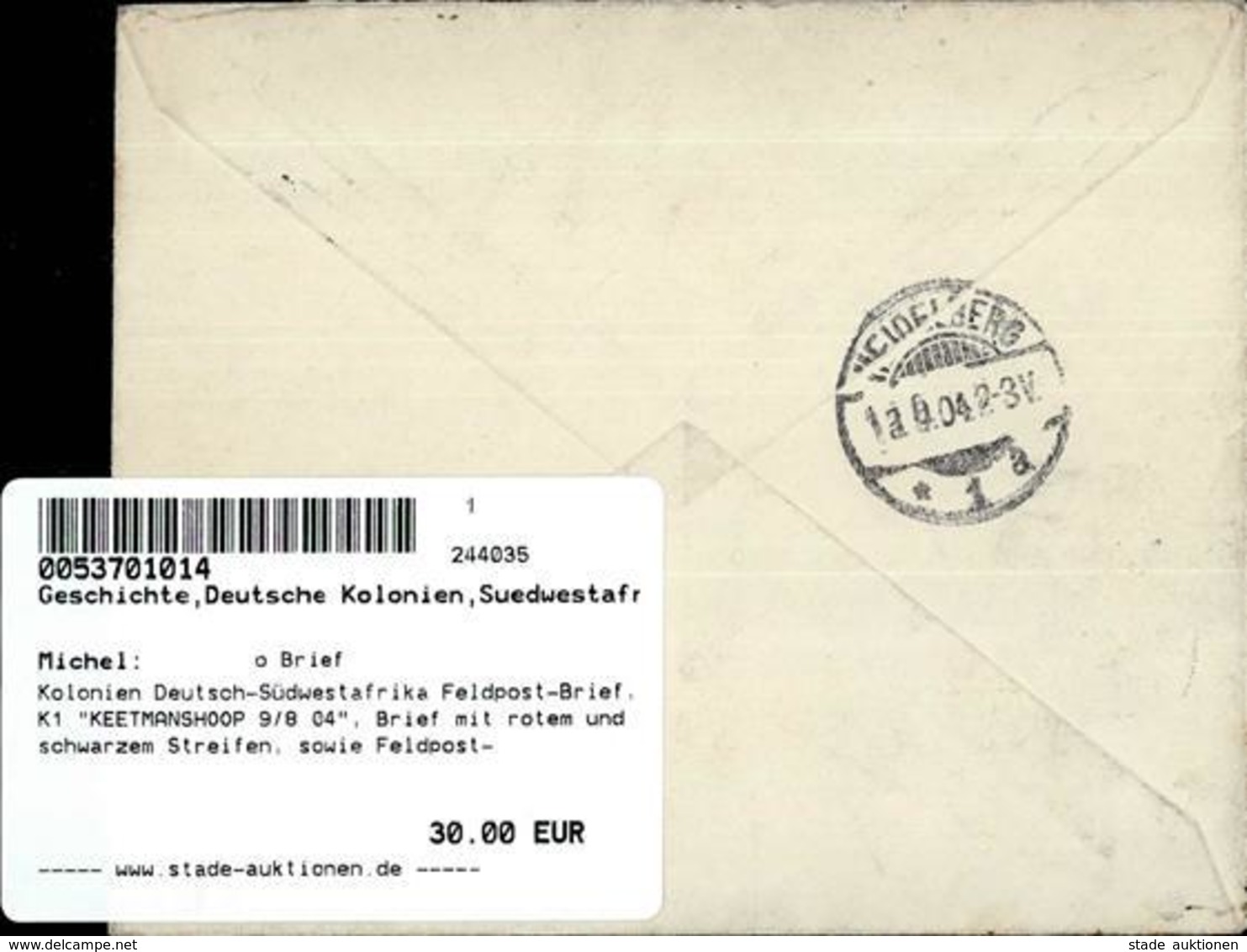 Kolonien Deutsch-Südwestafrika Feldpost-Brief, K1 KEETMANSHOOP 9/8 04", Brief Mit Rotem Und Schwarzem Streifen, Sowie Fe - History