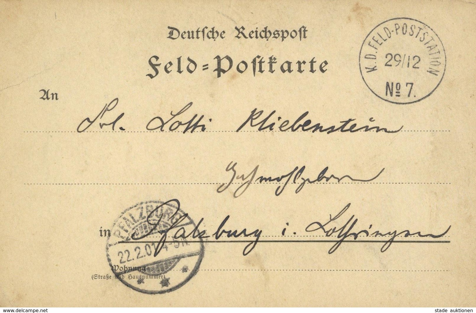 Deutsche Post China 1901, Feldpostkarte Von K.D. Feld-Poststation Nr. 7 Ting-tsing-tsien Nach Pfalzburg - Histoire