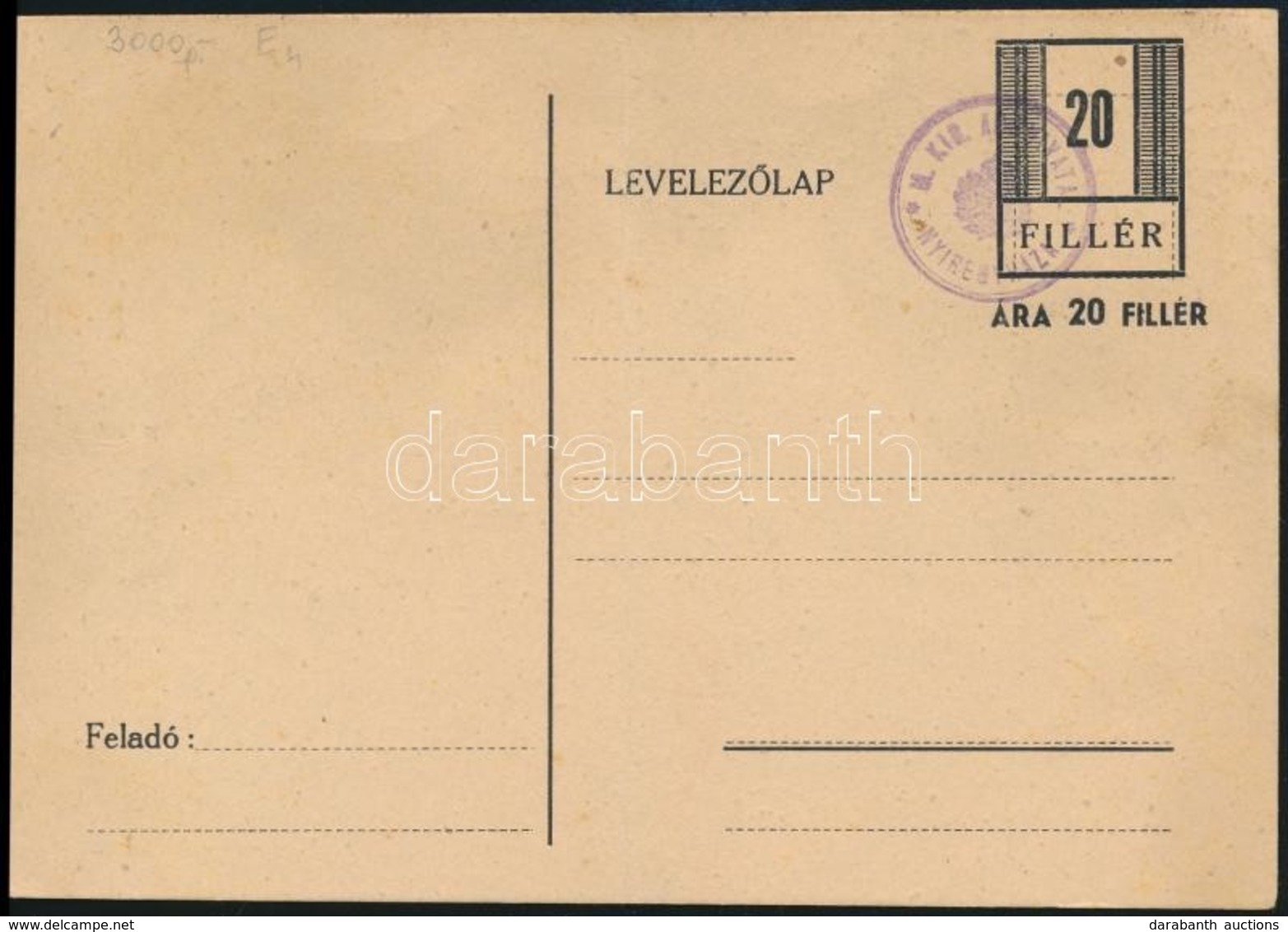 1944 Nyíregyháza Használatlan Díjjegyes Levelez?lap Adóhivatali Bélyegzéssel (MPIK    R!)  (hajtott) - Other & Unclassified