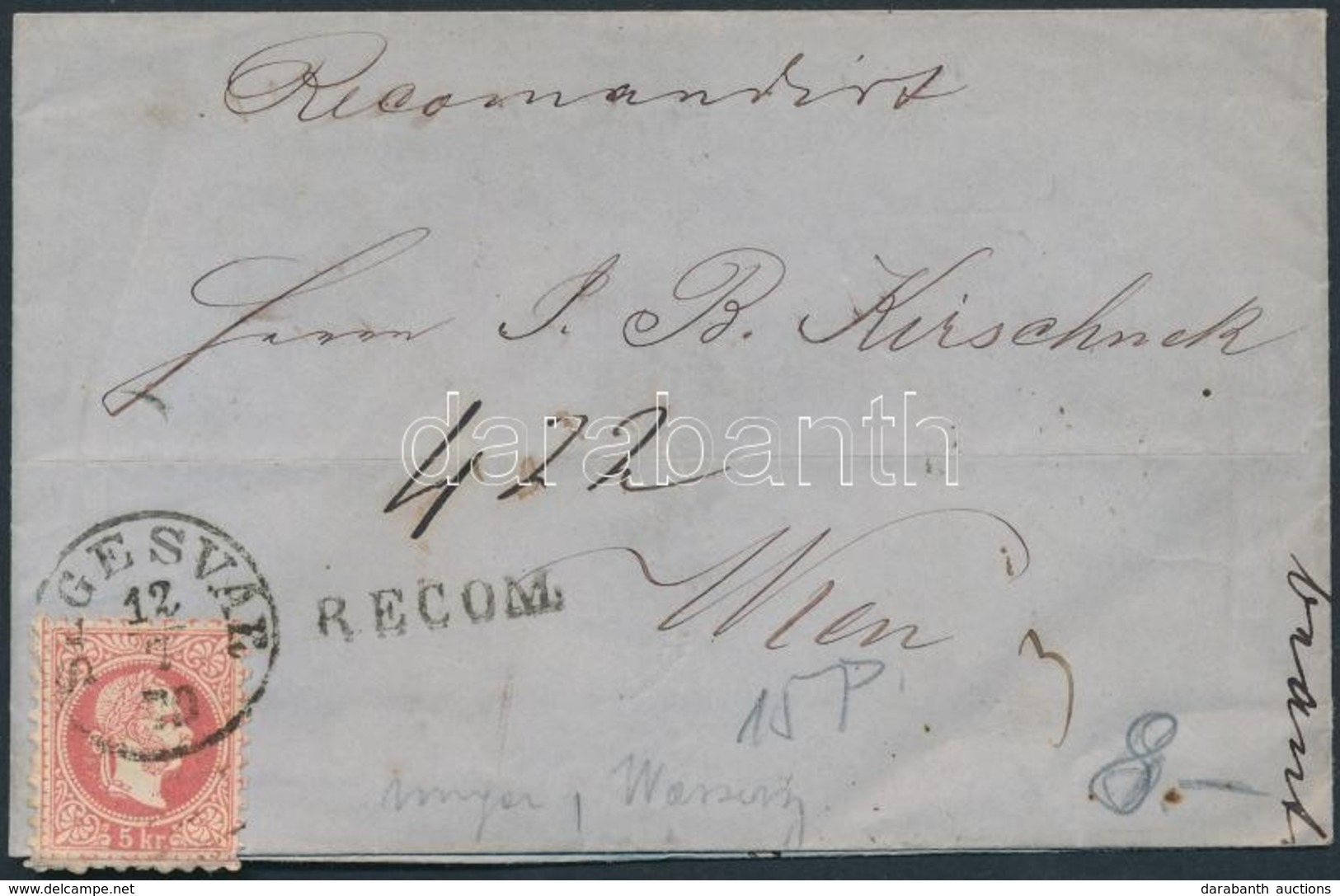 1870 3 X 5kr Ajánlott Levélen, A Hátoldali 2 Bélyeg Bontásnál Eltépve / 3 X 5kr On Registered Cover, 2 Stamps On The Bac - Altri & Non Classificati