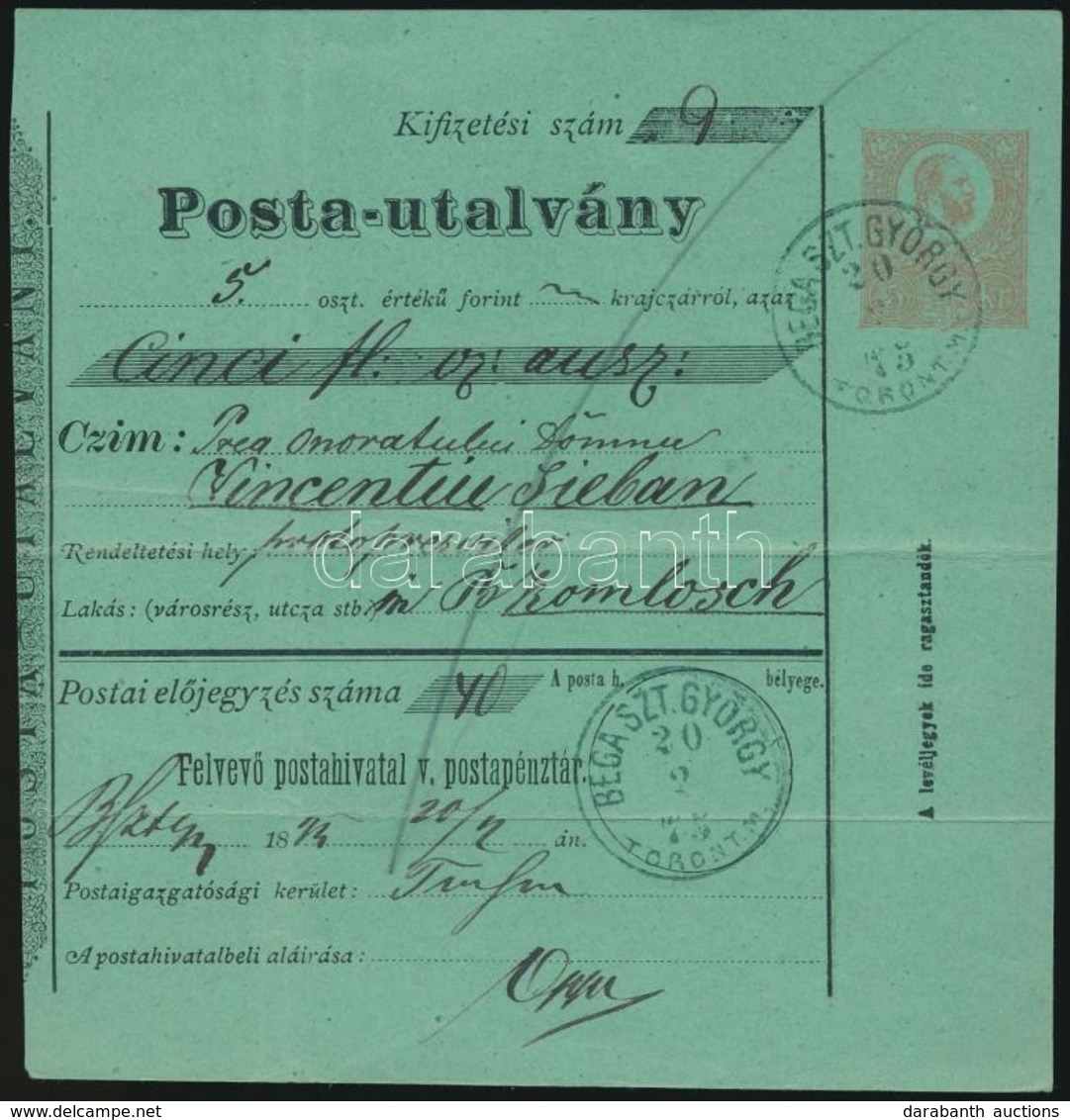 1875 Díjjegyes Postautalvány ,,BEGA SZT GYÖRGY TORONT M' (Gudlin 350 Pont) - Other & Unclassified