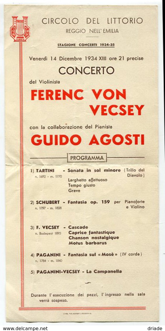 PROGRAMMA CIRCOLO DEL LITTORIO REGGIO EMILIA STAGIONE CONCERTI ANNO 1934 CONCERTO FERENC VON VECSEY E GUIDO AGOSTI - Programmi