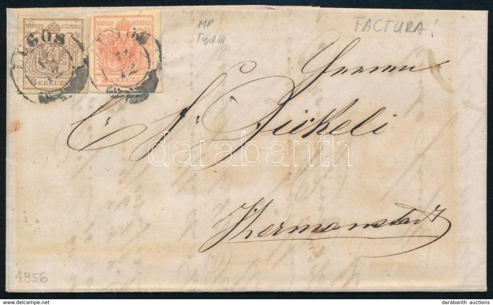 1856 3kr + 6kr MP III. Számlalevélen ,,LUGOS' -  ,,HERRMANNSTADT' - Other & Unclassified