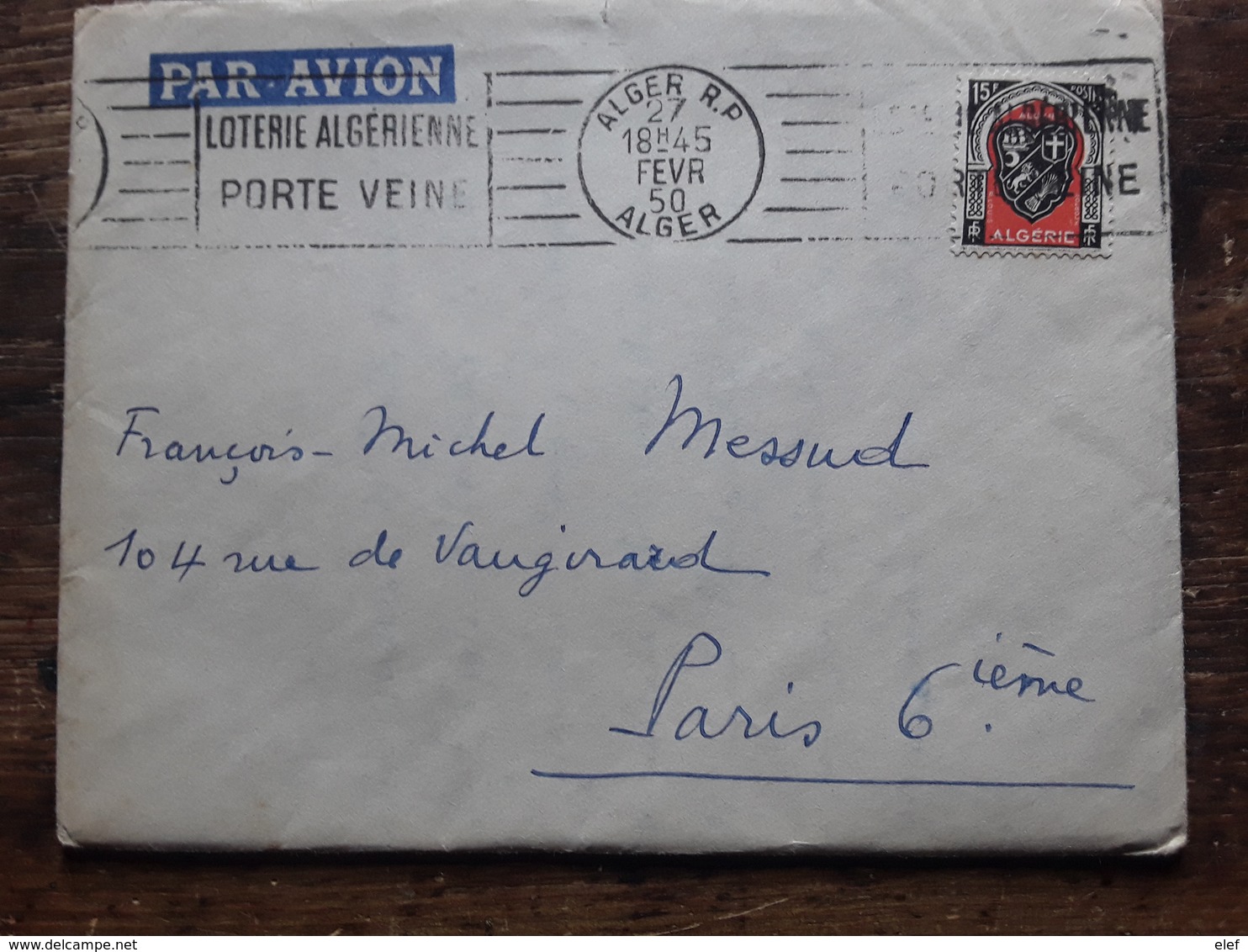 Lettre D' Alger, Flamme JEU  ' LOTERIE ALGERIENNE PORTE VEINE , 1950, TB - Non Classificati