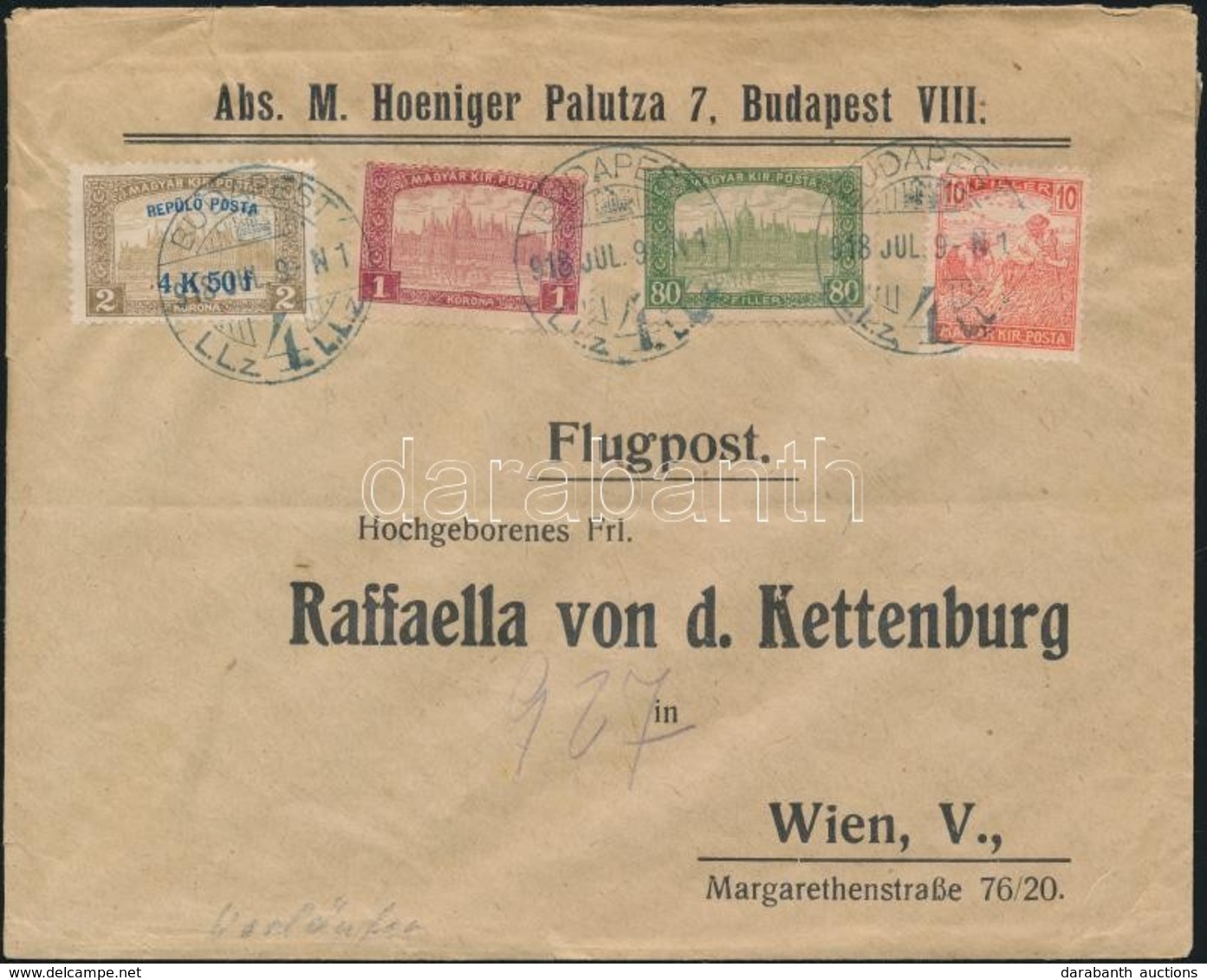 1918.07.09.  3. Súlyfokozatú Légi Levél Bécsbe Repül? Posta 4K50f + Díjkiegészítéssel / Mi 241 + Additional Franking On  - Other & Unclassified