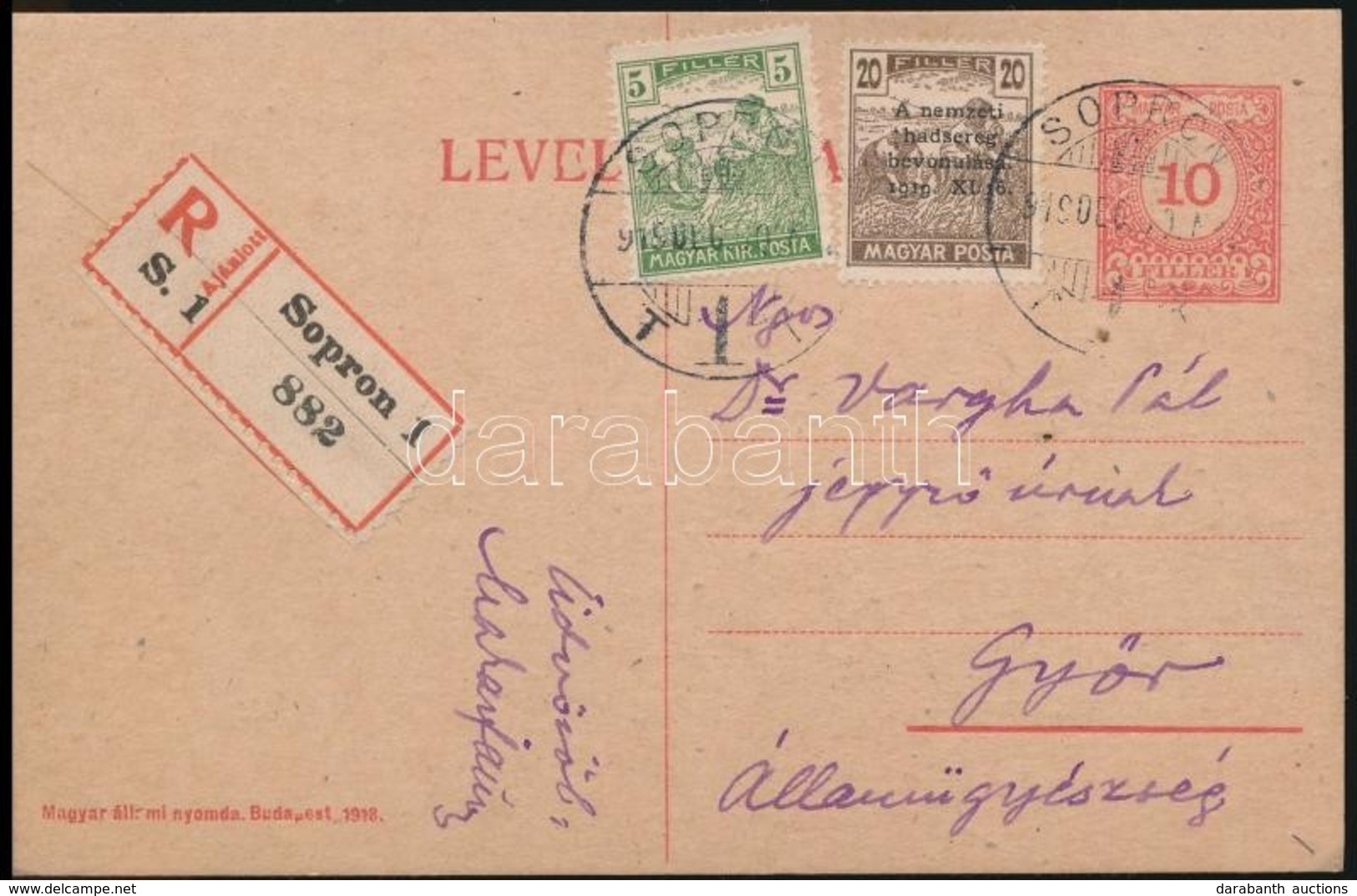 1919 Nemzeti Hadsereg 25f Ajánlott Levelez?lapon 'SOPRON' - Gy?r - Other & Unclassified