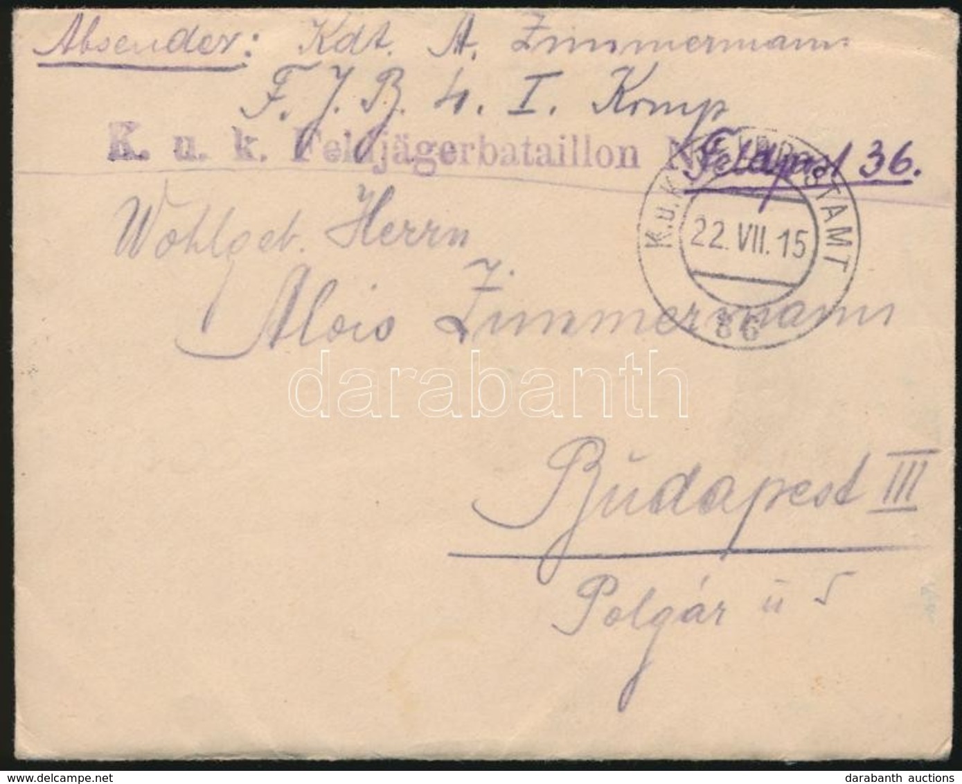 1915 Tábori Posta Levél K.u.K. Feldjägerbataillon - Other & Unclassified