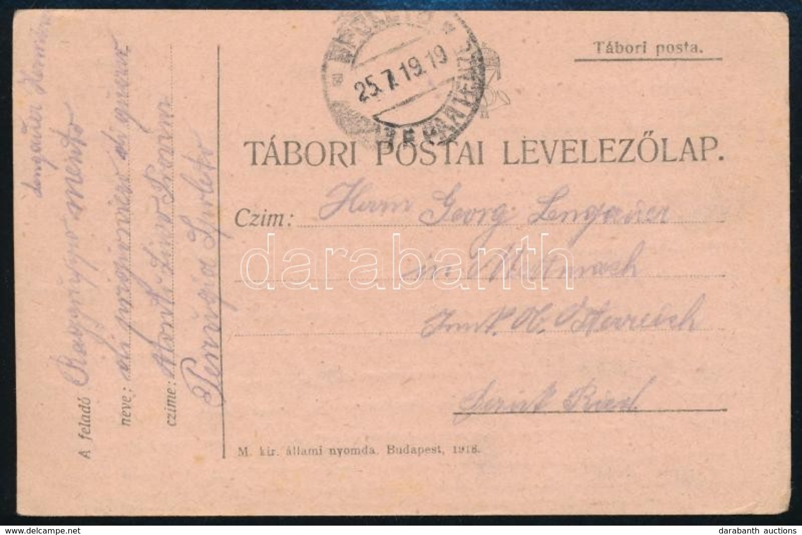 1919 Hadifogolylapként Felhasznált Tábori Lap Perugiából Ausztriába - Other & Unclassified