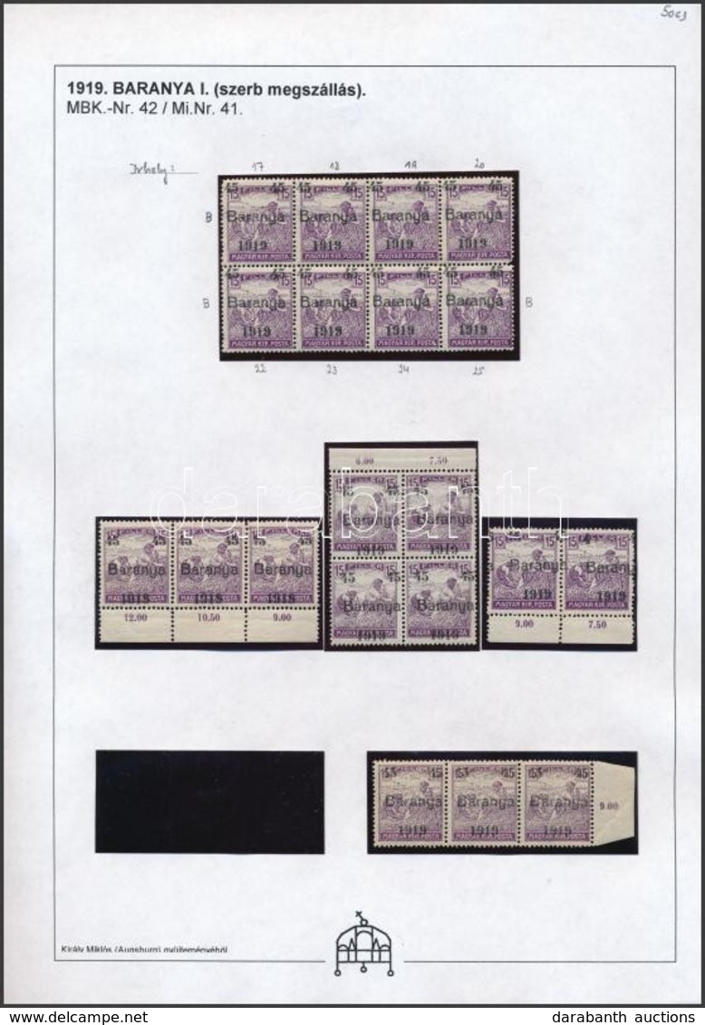 ** Baranya I. 1919 Arató 45f/15f 5 Db összefüggés Nyomdai Eltérésekkel, Bodor Vizsgálójellel (11.400) - Other & Unclassified