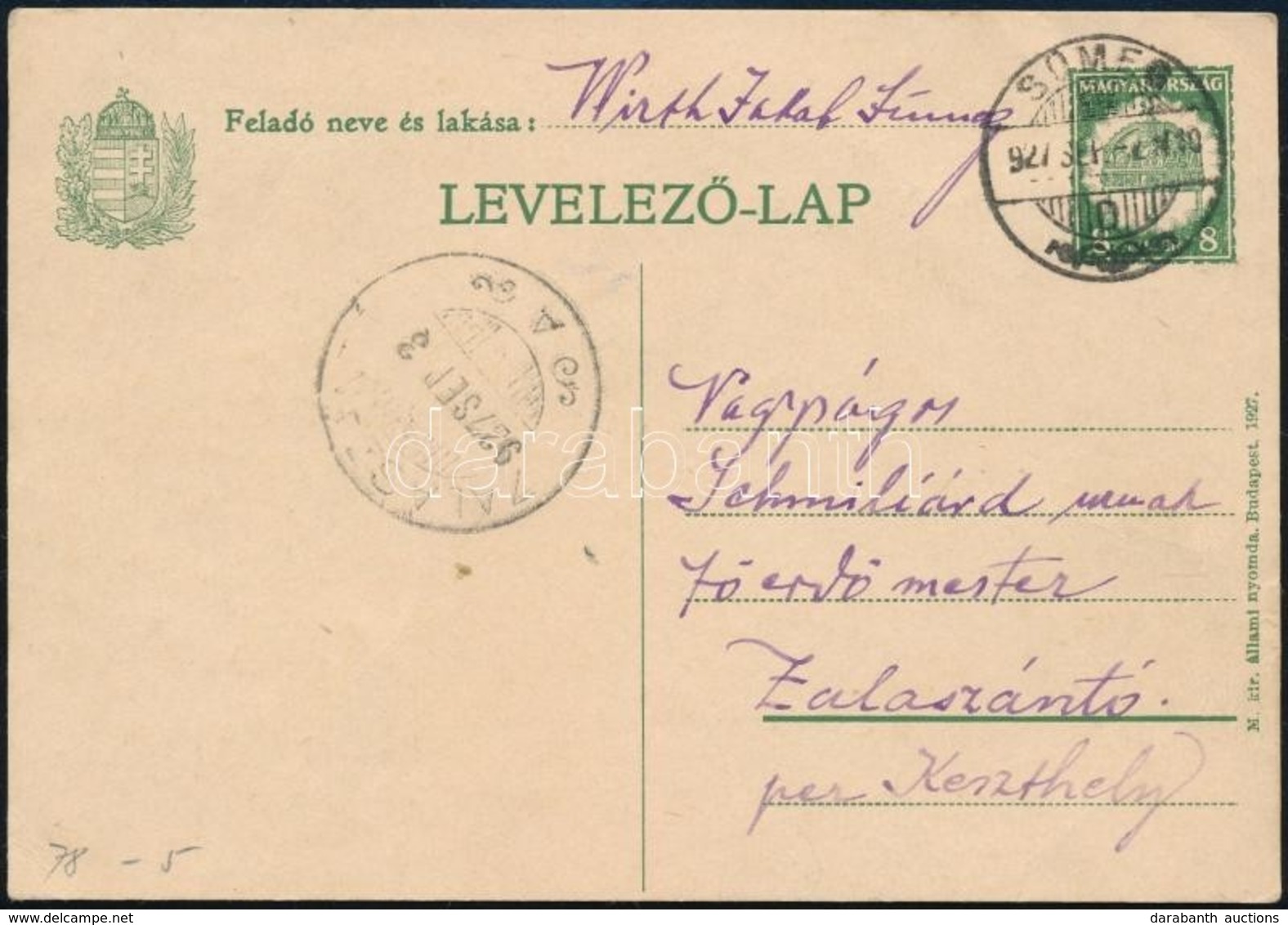 1927 8f Díjjegyes Levelez?lap 'SÜMEG' - Zalaszántó - Other & Unclassified
