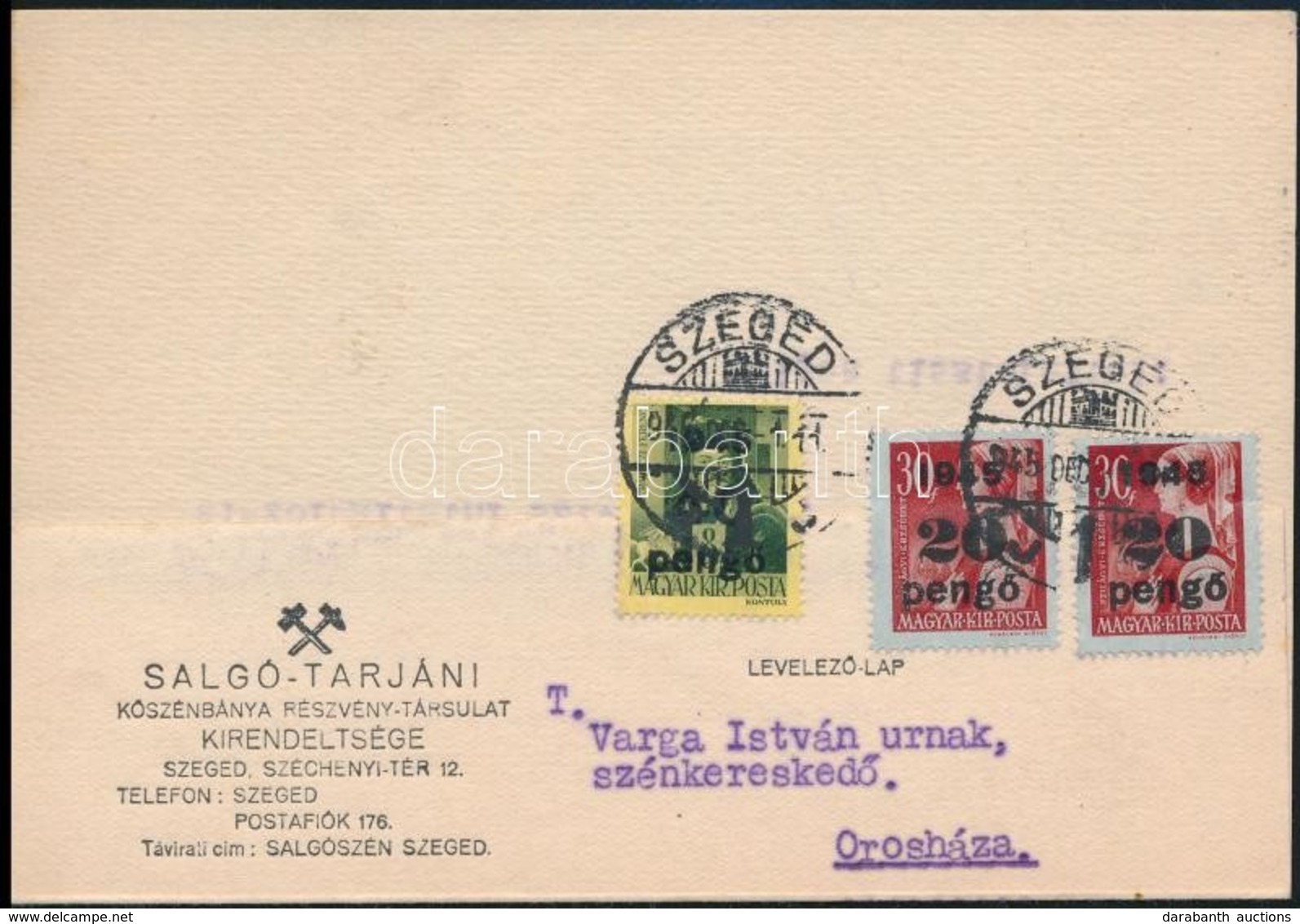 1945 (5. Díjszabás) Távolsági Levelez?lap Kisegít? 2 X 20P/30f + 40P/8f Bérmentesítéssel - Other & Unclassified