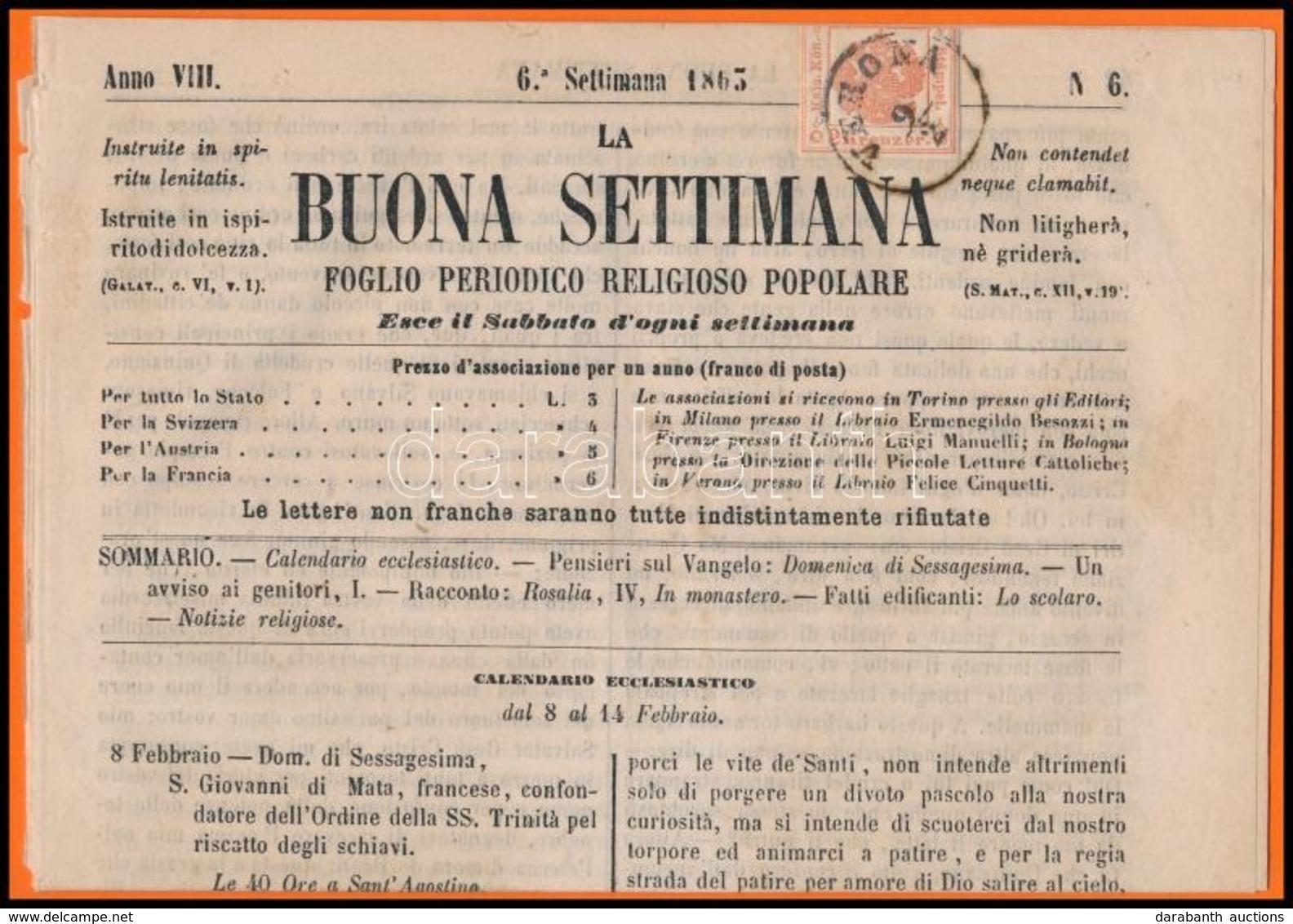 1863 Buona Settimana újság Hírlapilleték Bélyeggel 'VERONA - Other & Unclassified