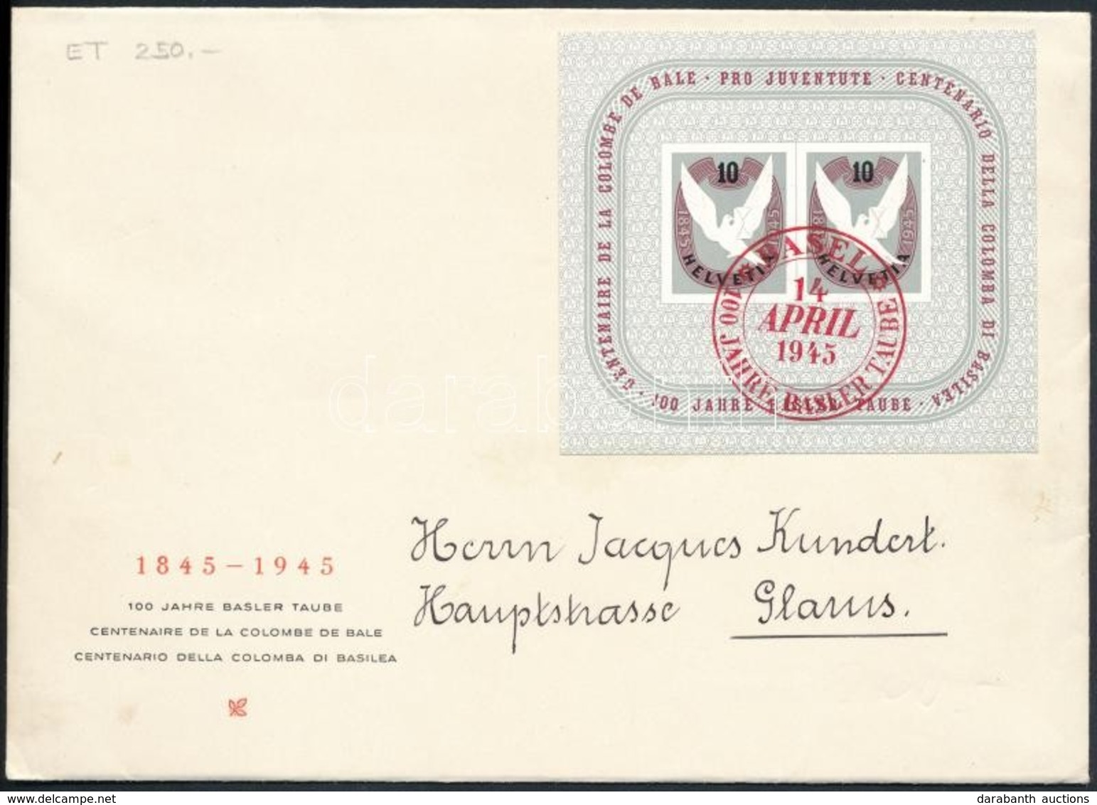 1945 100 éves A Baseli Galamb  Blokk FDC /  Mi Block 12 FDC - Other & Unclassified