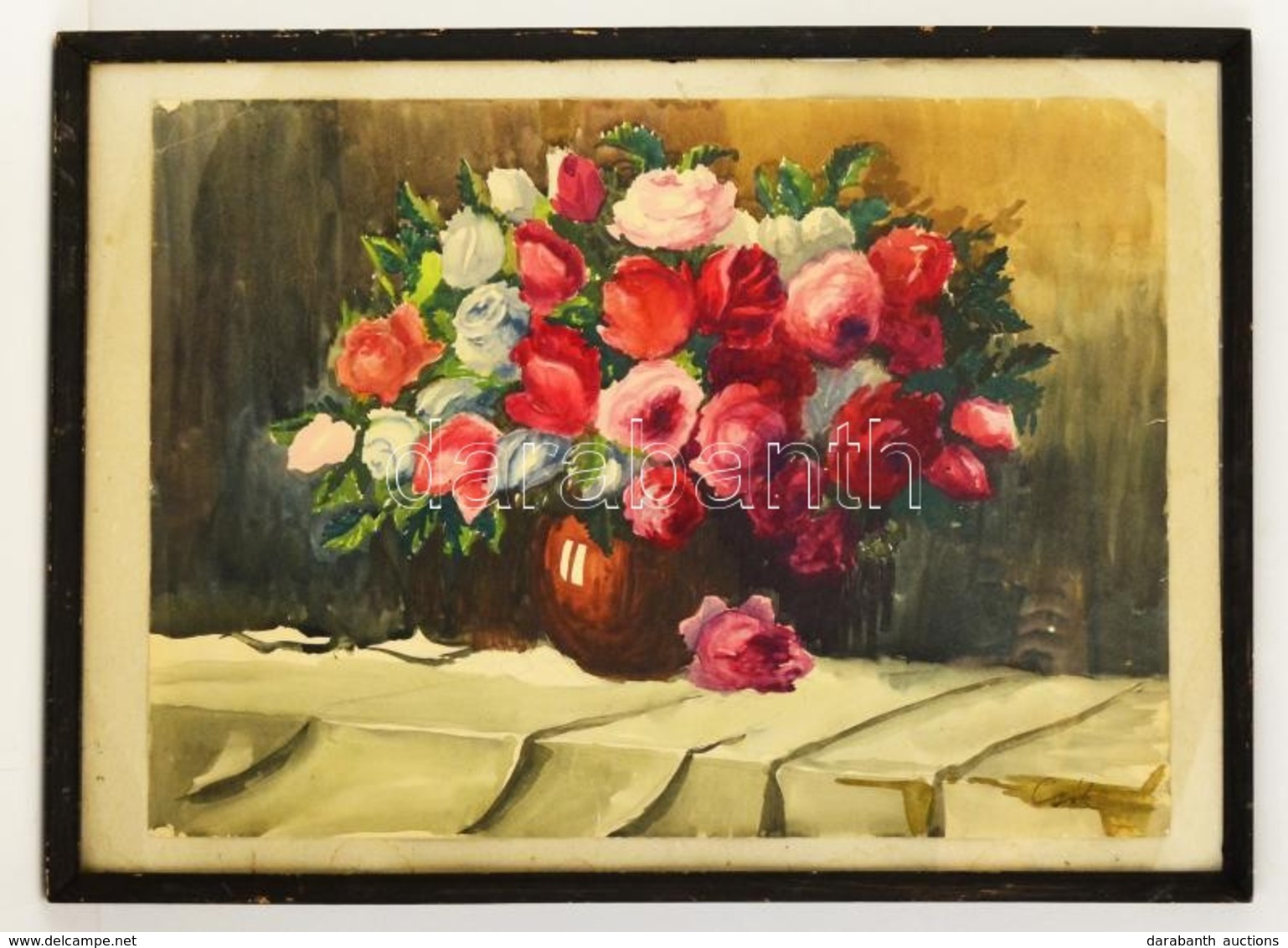 Csók Jelzéssel: Asztali Virágcsendélet. Akvarell, Papír, üvegezett Keretben, 43×62 Cm - Other & Unclassified