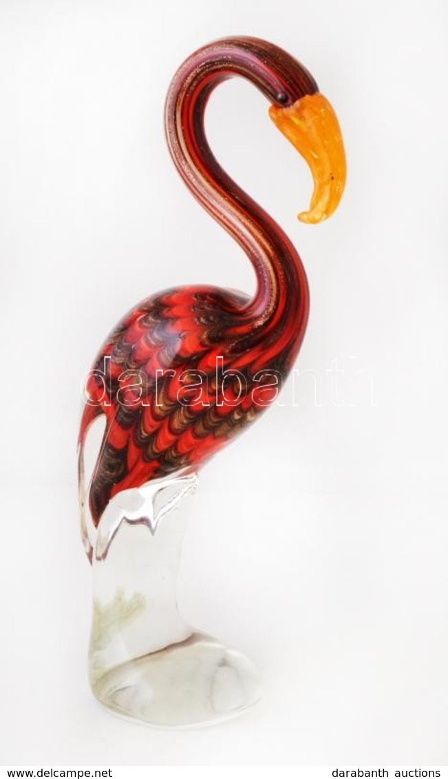 Muranói Flamingó Figura, Fúvott üveg,  Többréteg?, Anyagában Színezett, Gravírozott Jelzéssel, Hibátlan, M:30cm /Murano  - Glass & Crystal