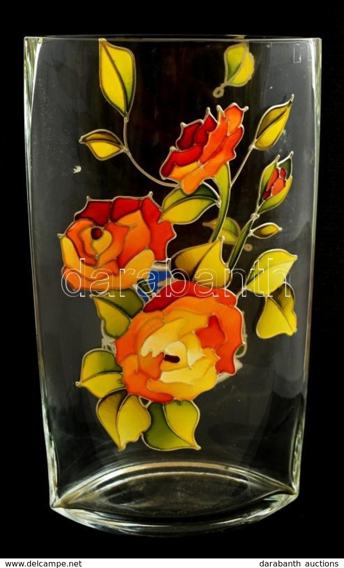 Kézzel Festett üveg Váza, Apró Csorbával, Jelzés Nélkül, M: 28,5 Cm - Glass & Crystal