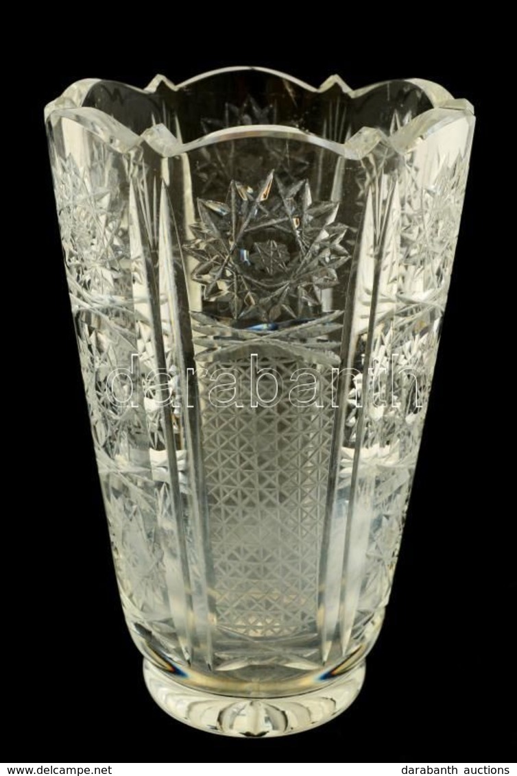 Díszes üvegváza, Csiszolt, Metszett, Kis Csorbákkal, M: 16 Cm - Glass & Crystal