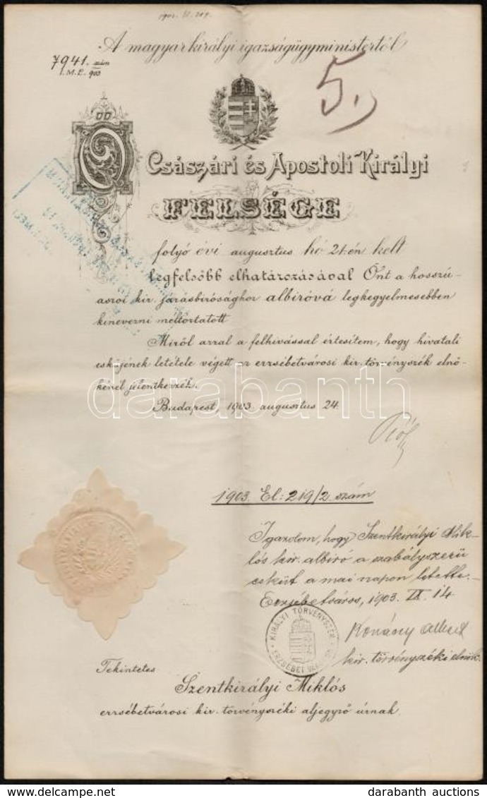 1903 Szentkirályi Miklós Erzsébetvárosi Aljegyz? Albírói Kinevezése Dr. Plósz Sándor (1846-1925) Az Els? Tisza István-ko - Unclassified