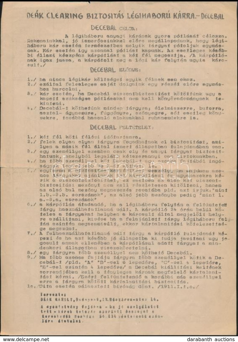 Cca 1940 Deák Clearing Biztosítás Légi Háború Kárra, Tájékoztató Papír - Unclassified