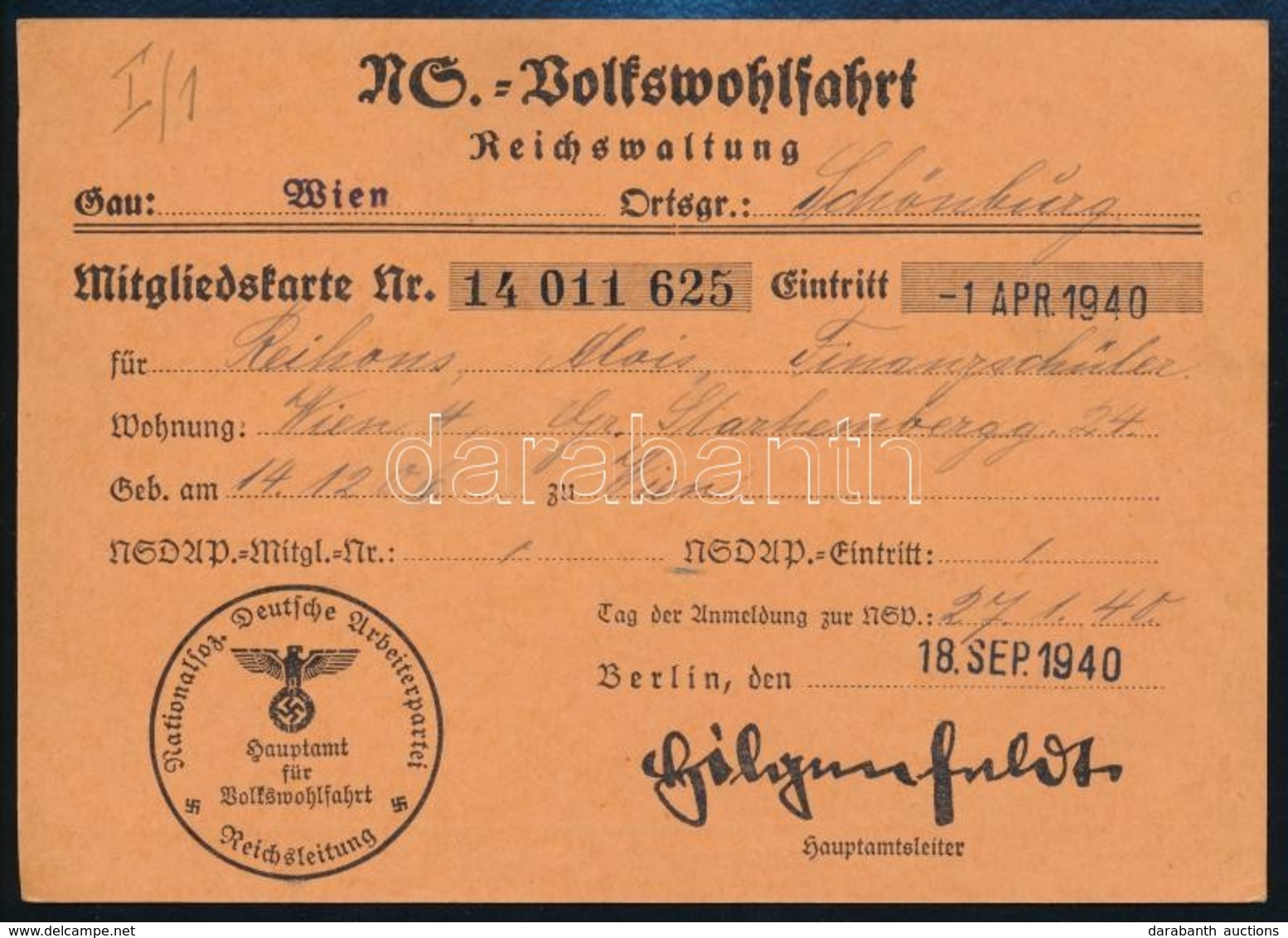 1940 Nationalsozialistische Volkswohlfahrt Tagsági Igazolvány / Membership Card. - Unclassified