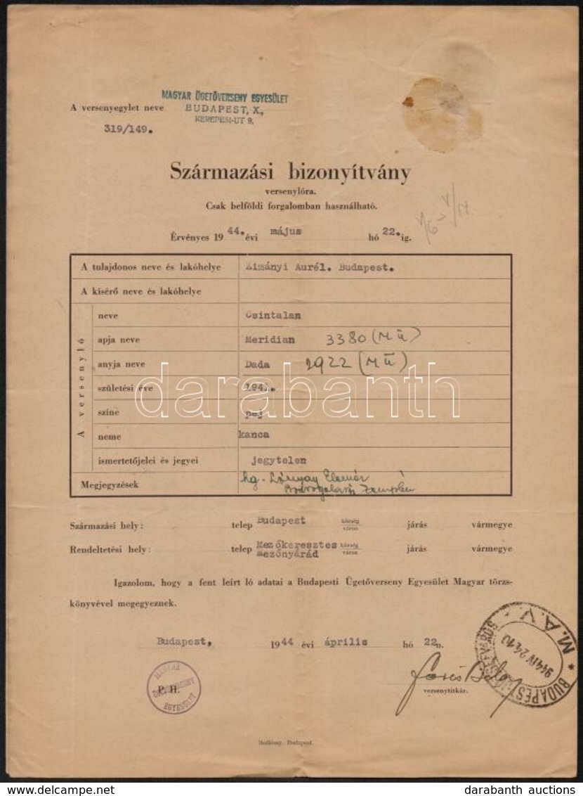 1943-1944 Versenylovakkal, üget?versenyzéssel Kapcsolatos Iratok, Származási Bizonyítványok, Marhalevelek, 8 Db - Unclassified