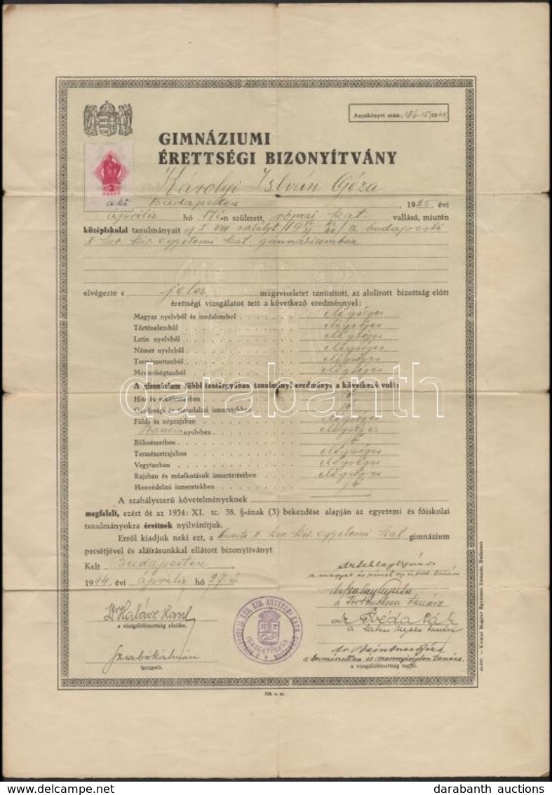 1944 Budapest, Gimnáziumi érettségi Bizonyítvány, Okmánybélyeggel - Unclassified