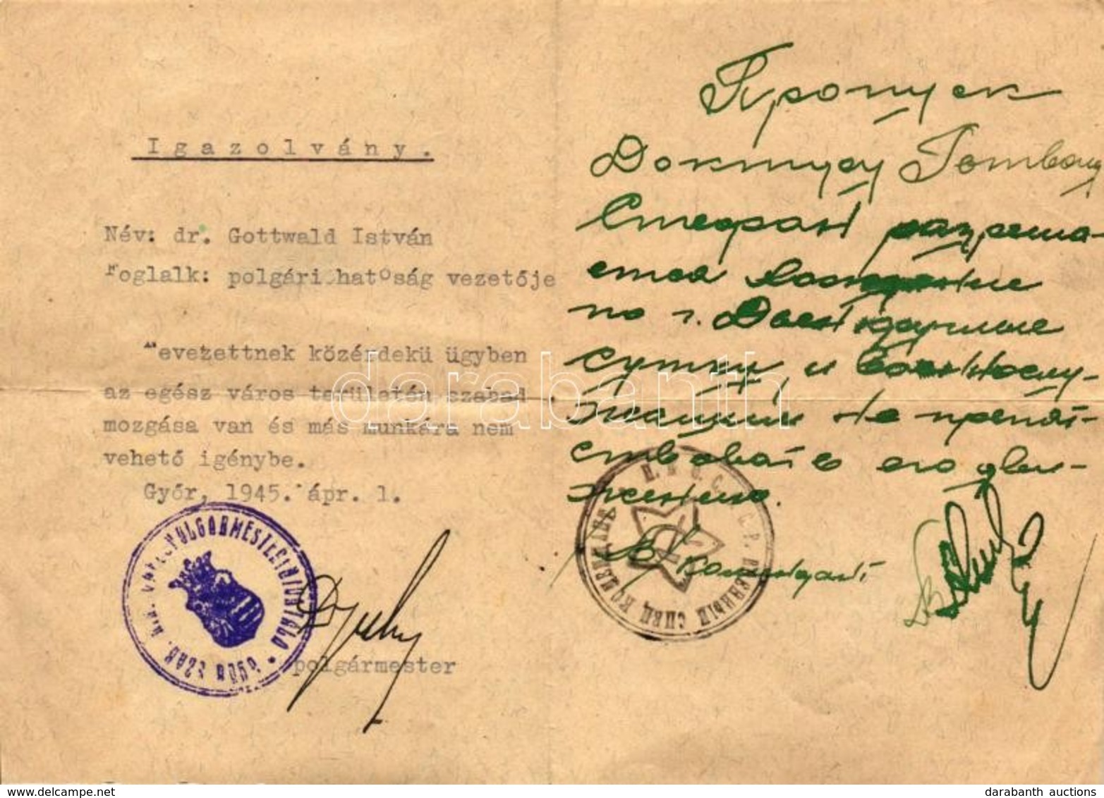 1945 Gy?r, A Polgármester (Dr Velsz Aladás) által Aláírt Szabad Mozgásra Jogosító Magyar-orosz Kétnyelv? Igazolvány / Hu - Unclassified