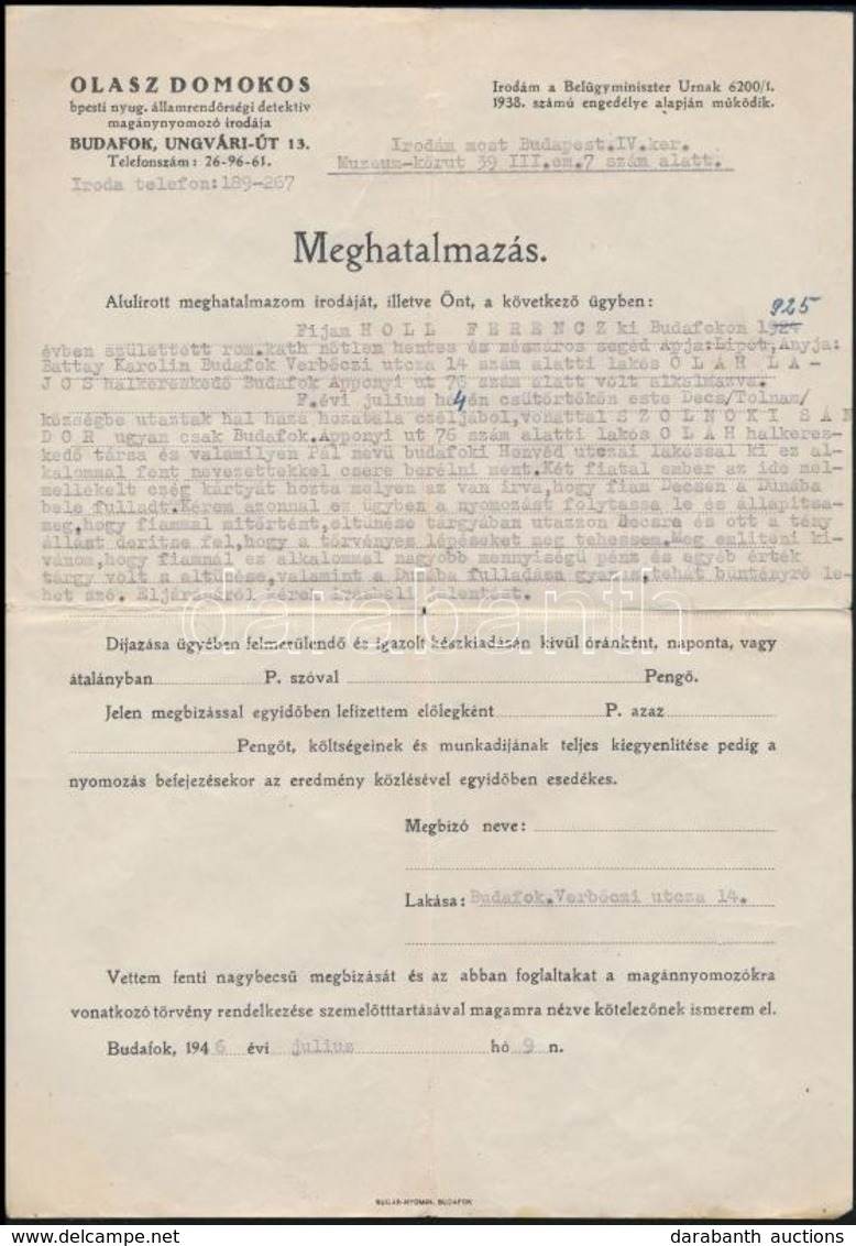 1946 Budafok, Olasz Domokos Magánnyomozó Irodája Számára Kiállított Meghatalmazás, Magánnyomozási Megbízás - Unclassified