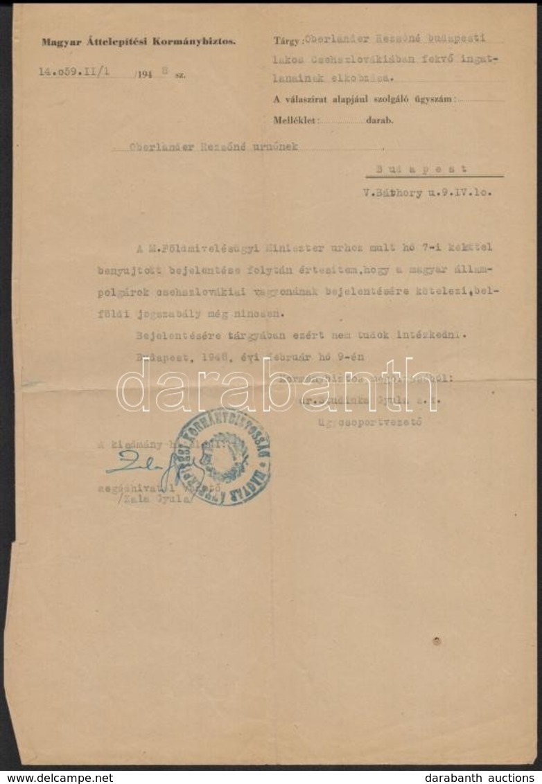 1948 Csehszlovákiai Ingatlanelkobzás Tárgyában írt Levél, A Magyar Áttelepítési Kormánybiztos Fejléces Papírján - Unclassified