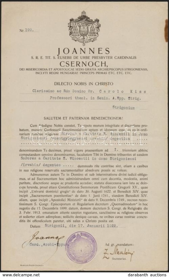 1922 Esztergom, Csernoch János (1852-1927) Latin Nyelv? Kinevezési Okmánya Kiss Károly Teológia Professzor Részére, Sajá - Unclassified