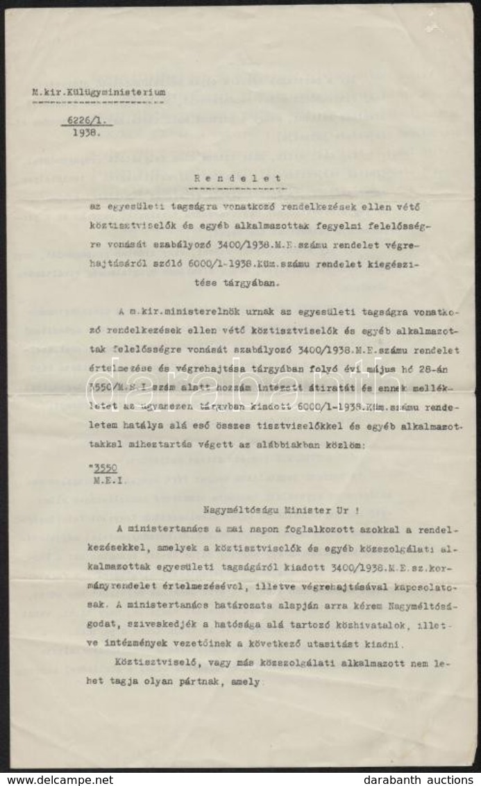 1938 Bp., A M. Kir. Külügyminisztérium 3 Oldalas Körlevele Imrédy és Kánya Kálmán Rendeleteivel Arról, Hogy Köztisztvise - Unclassified